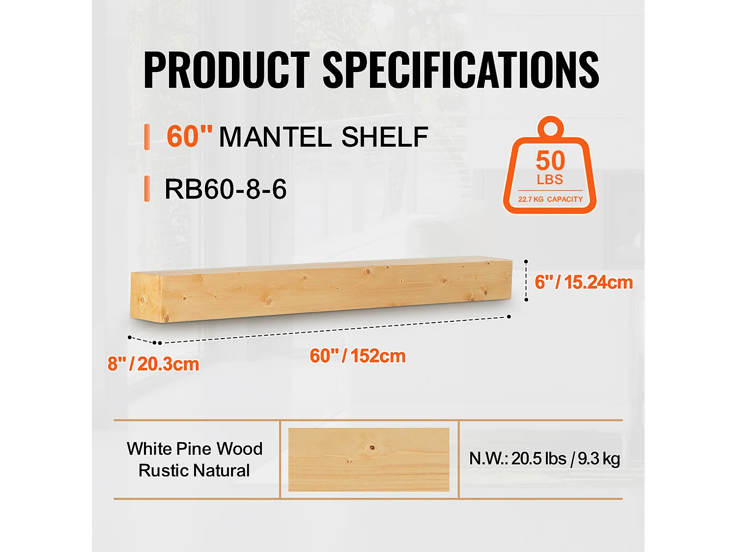 Étagère Flottante Murale en Bois SucceBuy, 152 cm, Rustique Naturel, Manteau Cheminée