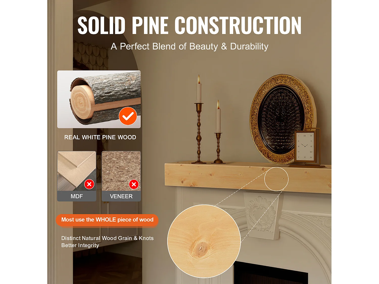 Étagère Flottante Murale en Bois SucceBuy, 152 cm, Rustique Naturel, Manteau Cheminée