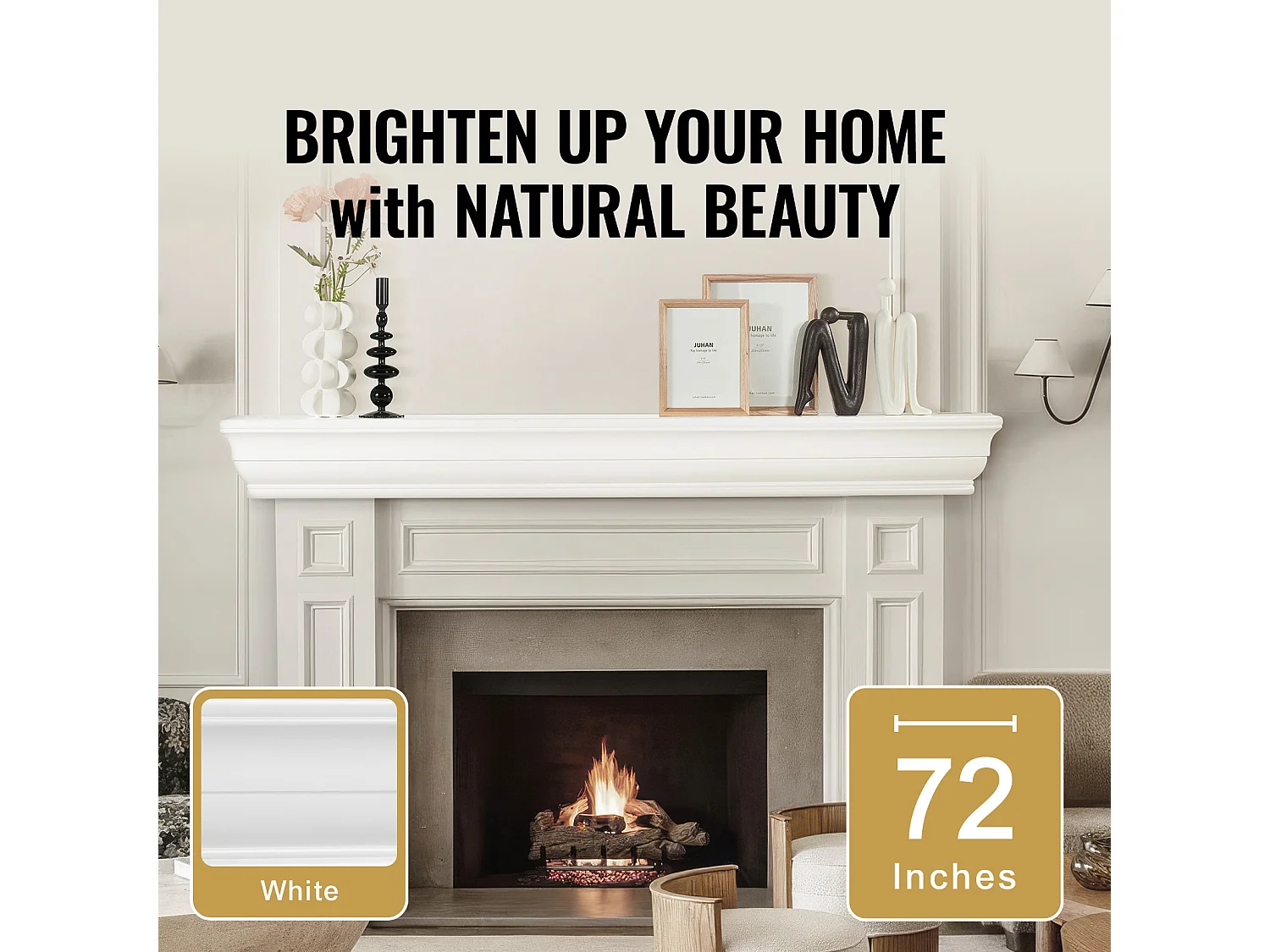 Zwevende Houten Wandplank voor Witte Woonkamerhaard SucceBuy, 183 cm