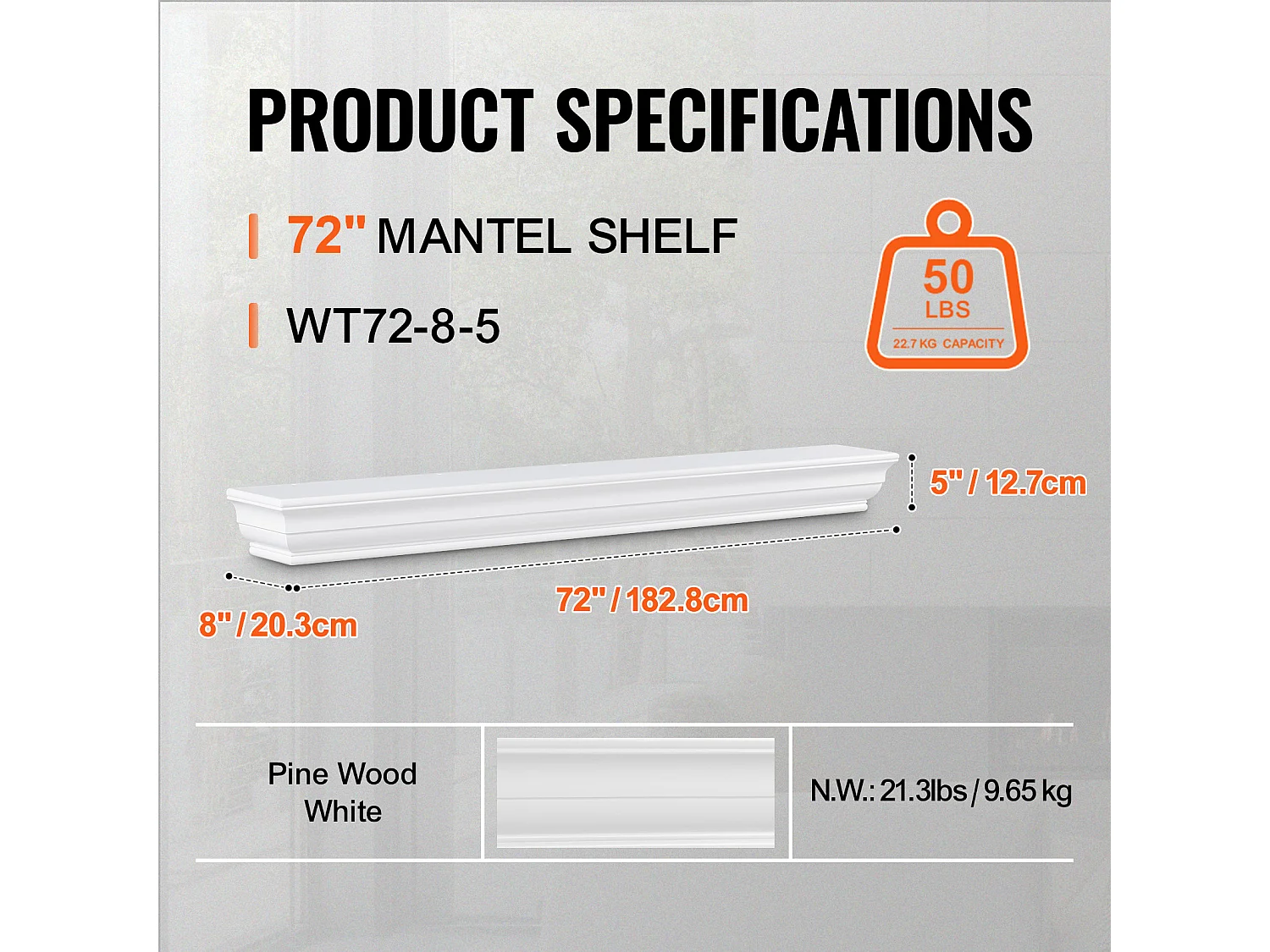 Zwevende Houten Wandplank voor Witte Woonkamerhaard SucceBuy, 183 cm