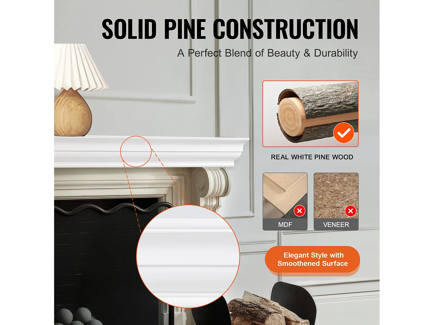 Zwevende Houten Wandplank voor Witte Woonkamerhaard SucceBuy, 183 cm