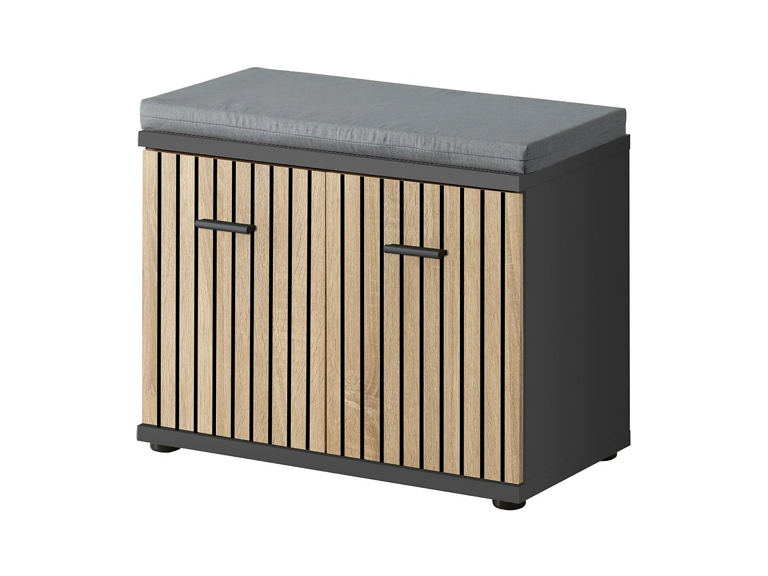 Mobile basso da ingresso moderno con cuscino 60x46 SIP1 antracite, rovere e stampa a strisce nere