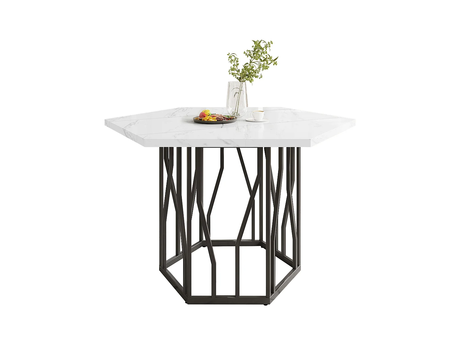 Tavolo da pranzo esagonale in marmo - 115,5 x 100 x 75 cm - struttura in metallo nero - MDF + acciaio - nero + bianco