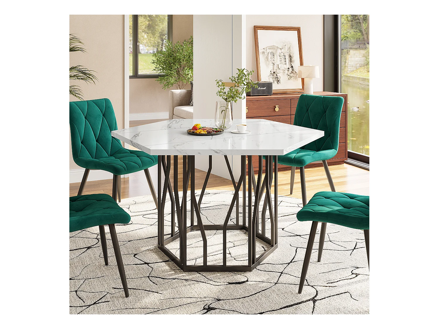 Tavolo da pranzo esagonale in marmo - 115,5 x 100 x 75 cm - struttura in metallo nero - MDF + acciaio - nero + bianco