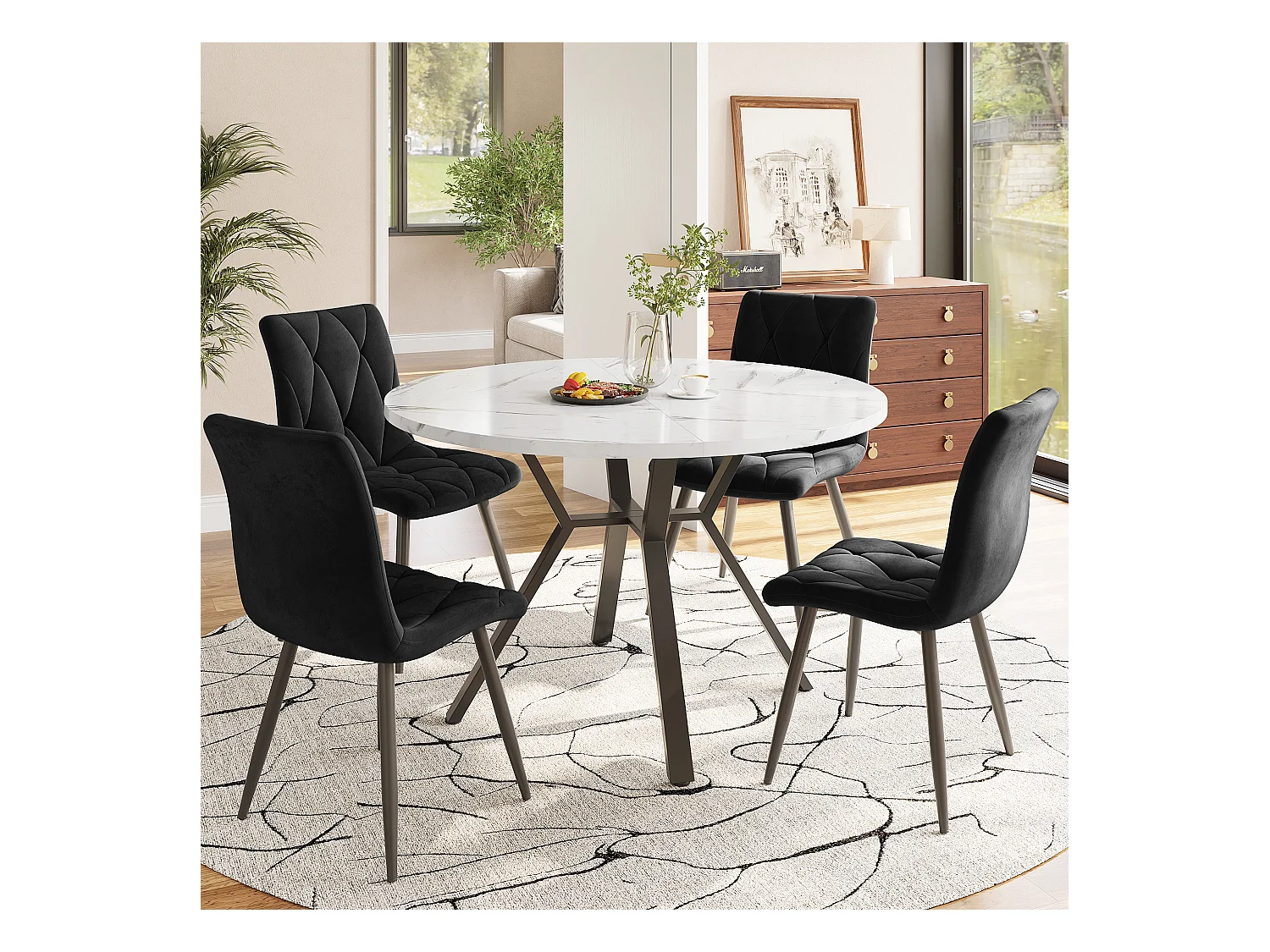 Table à manger en marbre - 100 x 100 x 75 cm - avec support en métal noir - MDF + Acier - noir + blanc