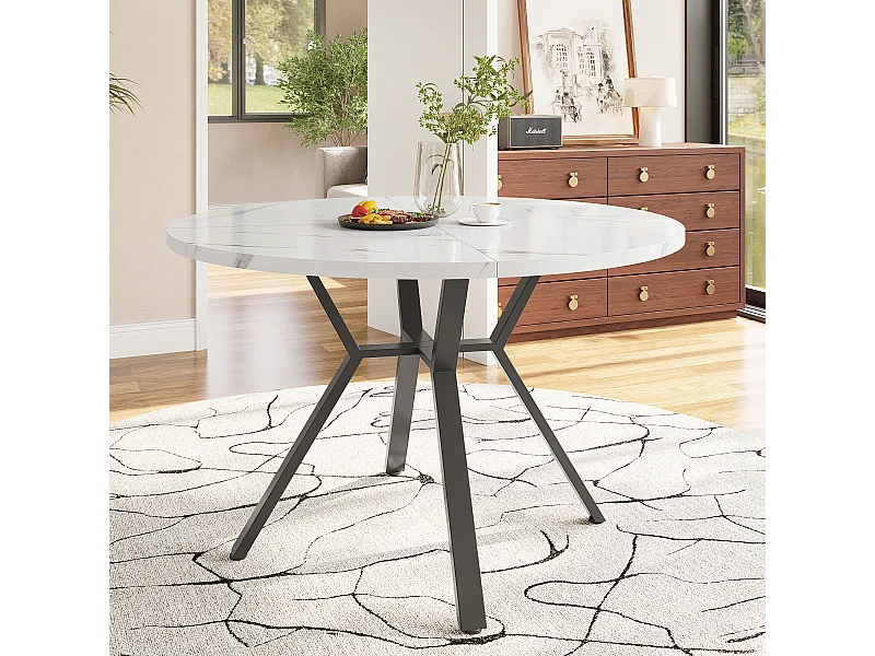 Marmor-Esstisch - 100 x 100 x 75 cm - mit schwarzem Metallgestell - MDF + Stahl - Schwarz + Weiß