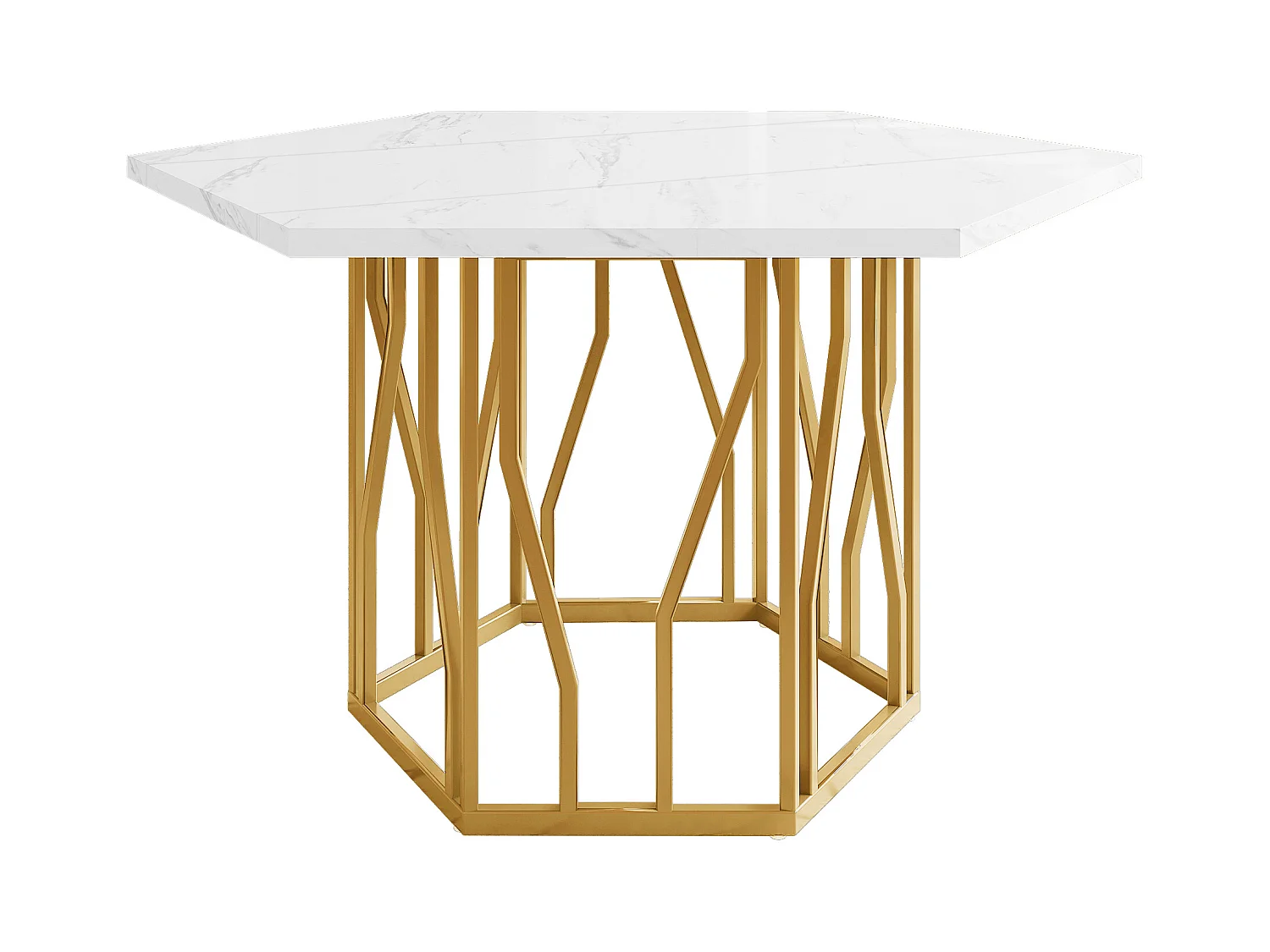 Sechseckiger Esstisch aus Marmor – 115,5 x 100 x 75 cm – goldene Metallstruktur mit Zweigen – MDF + Stahl – Weiß + Gold
