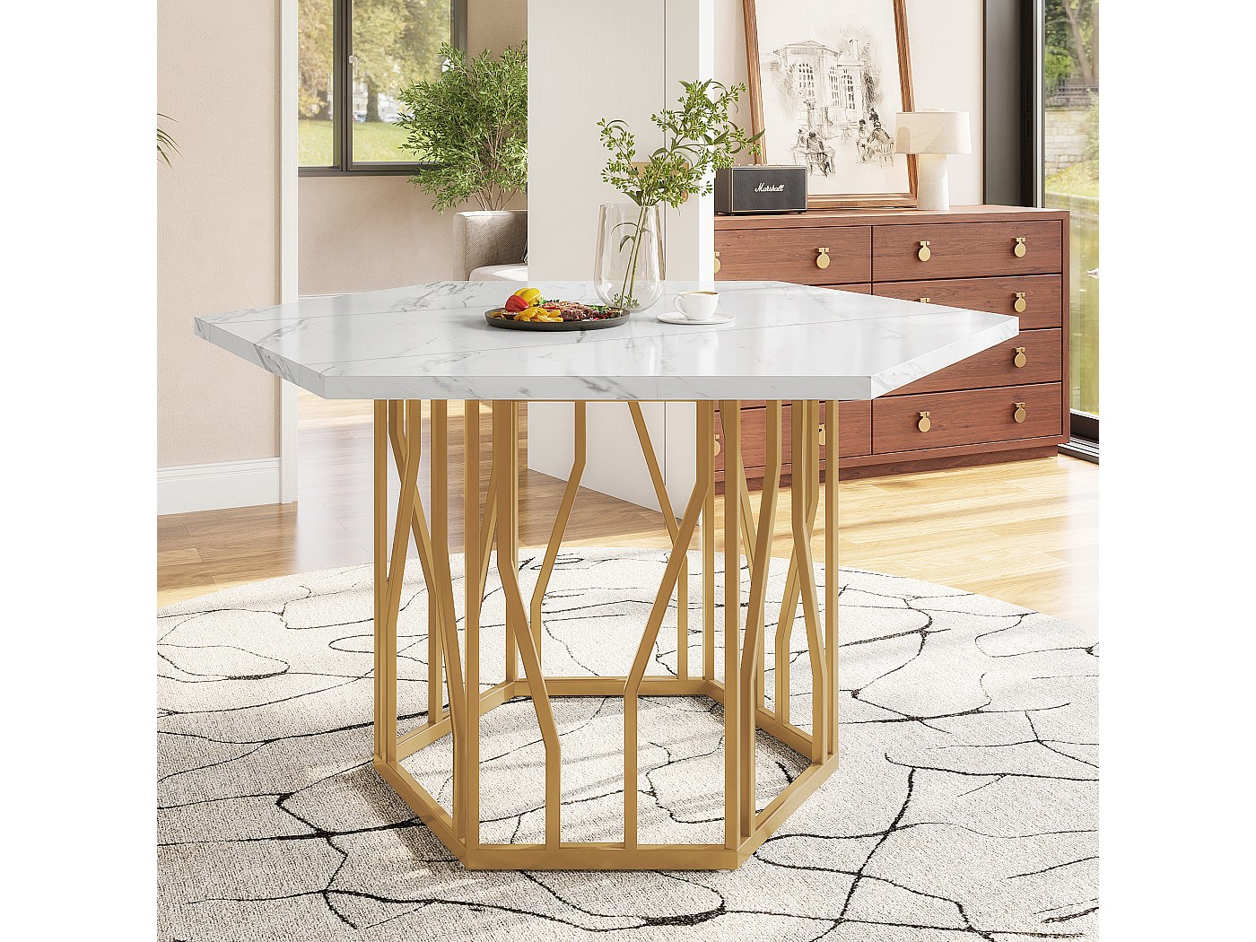 Ensemble Table à Manger Hexagonale Marbre Et 4 Chaises Velours - Design Moderne, Base Métal Doré - 12