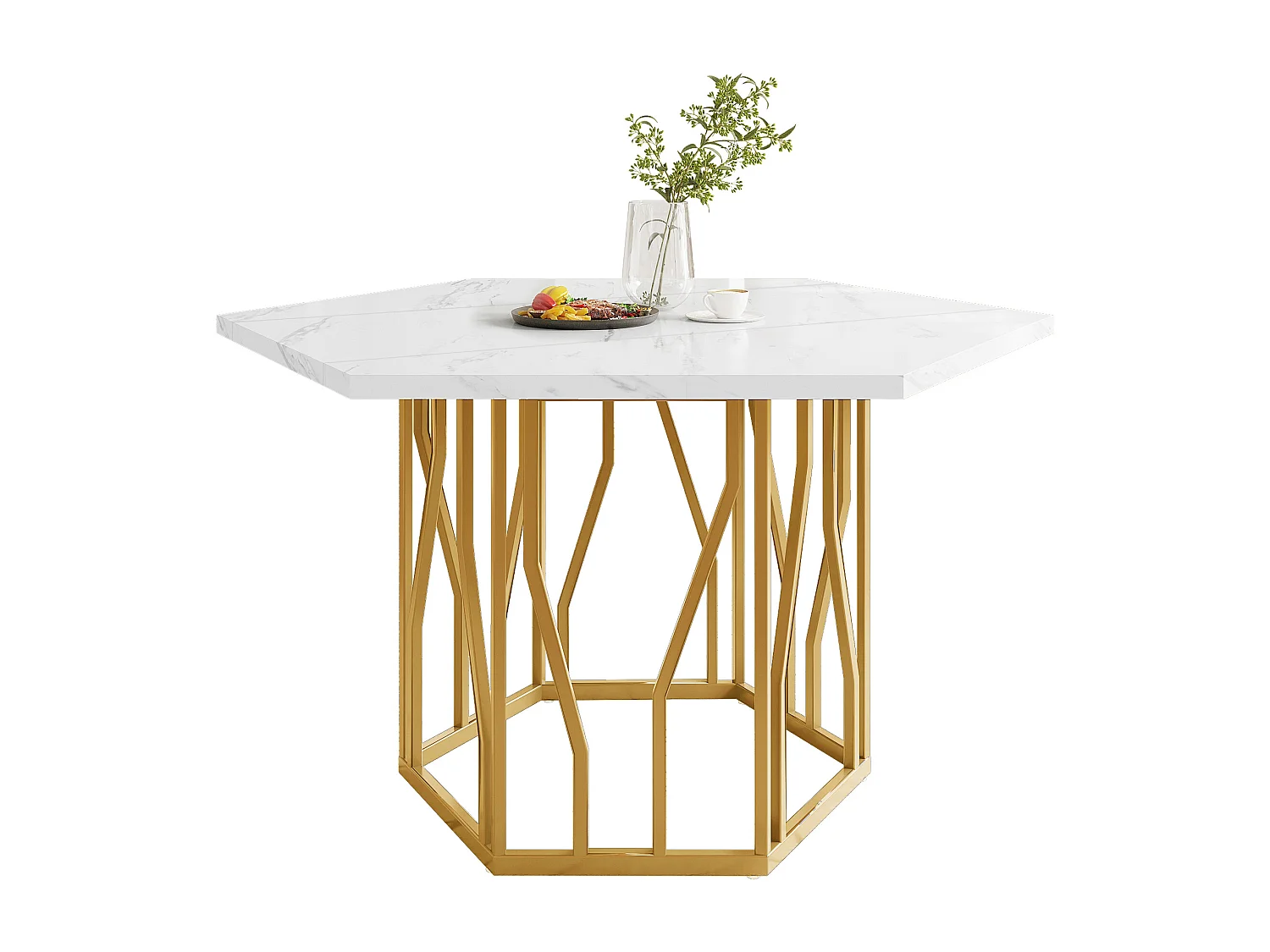 Table à manger hexagonale en marbre - 110.5 x 100 x 50 cm - structure en branches métalliques doré - MDF + Acier - blanc + doré