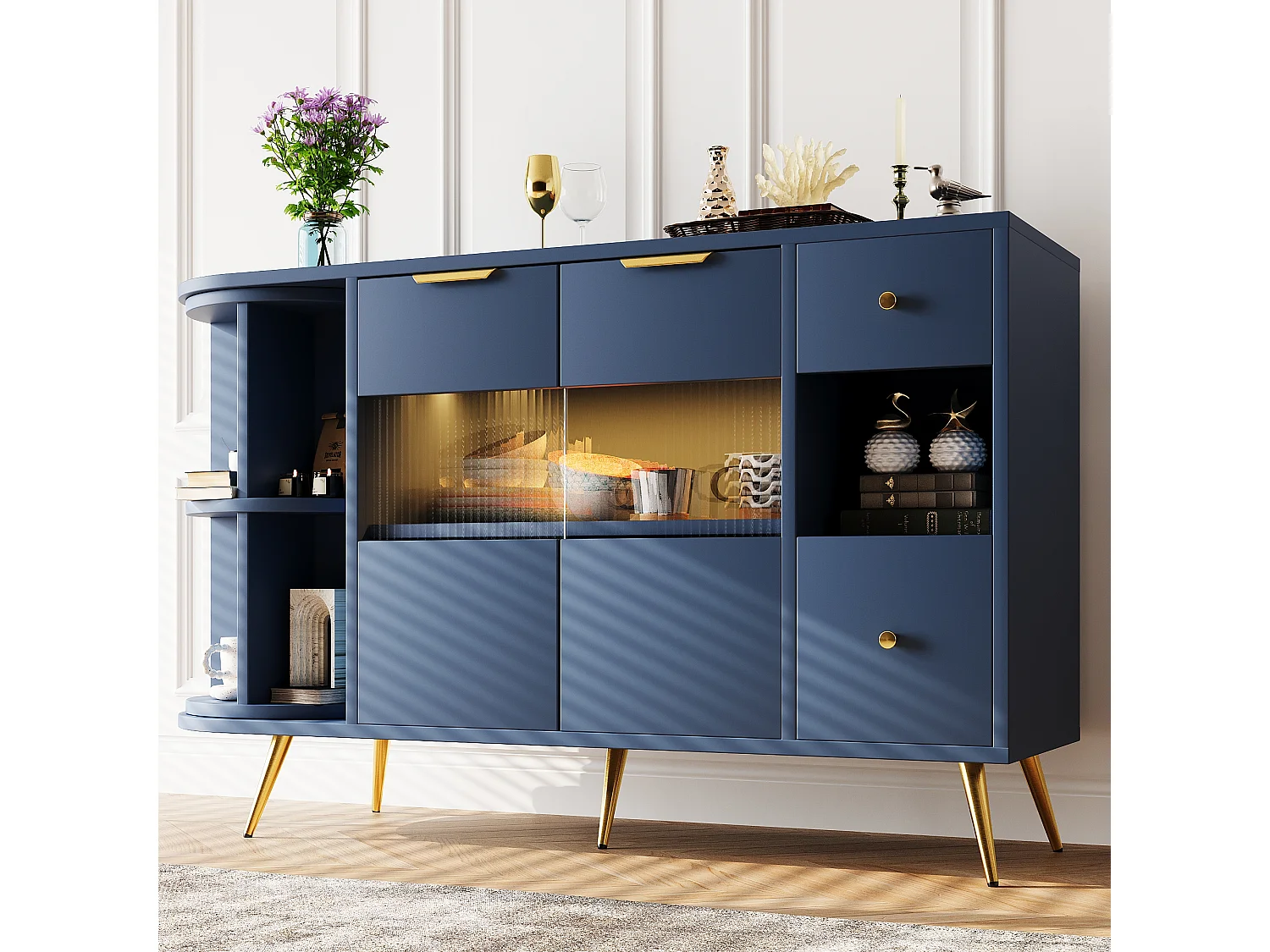Buffet bas - 130 x 40 x 80 cm - avec 2 portes coulissantes en verre + Leds - MDF - bleu