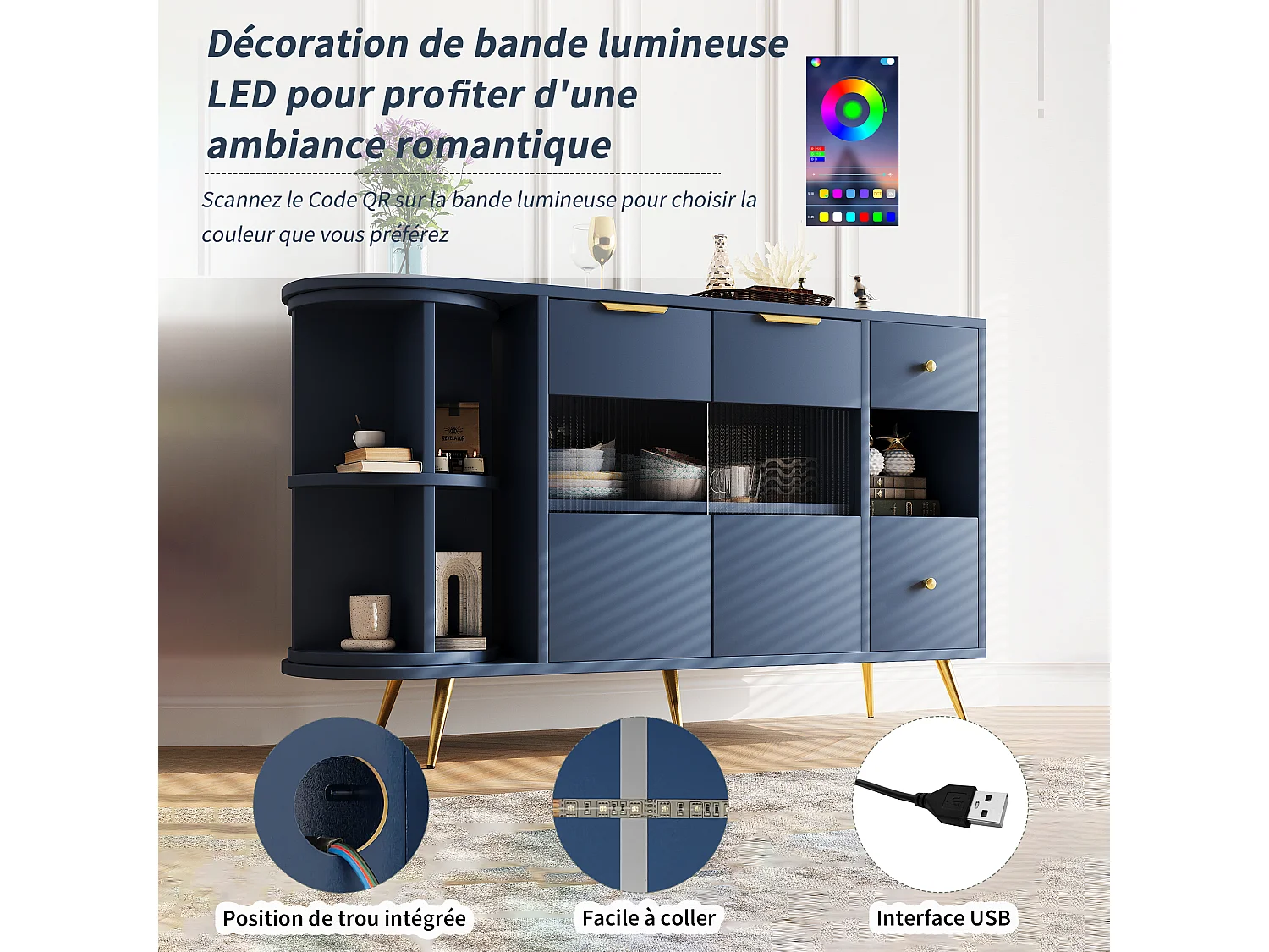 Buffet bas - 130 x 40 x 80 cm - avec 2 portes coulissantes en verre + Leds - MDF - bleu
