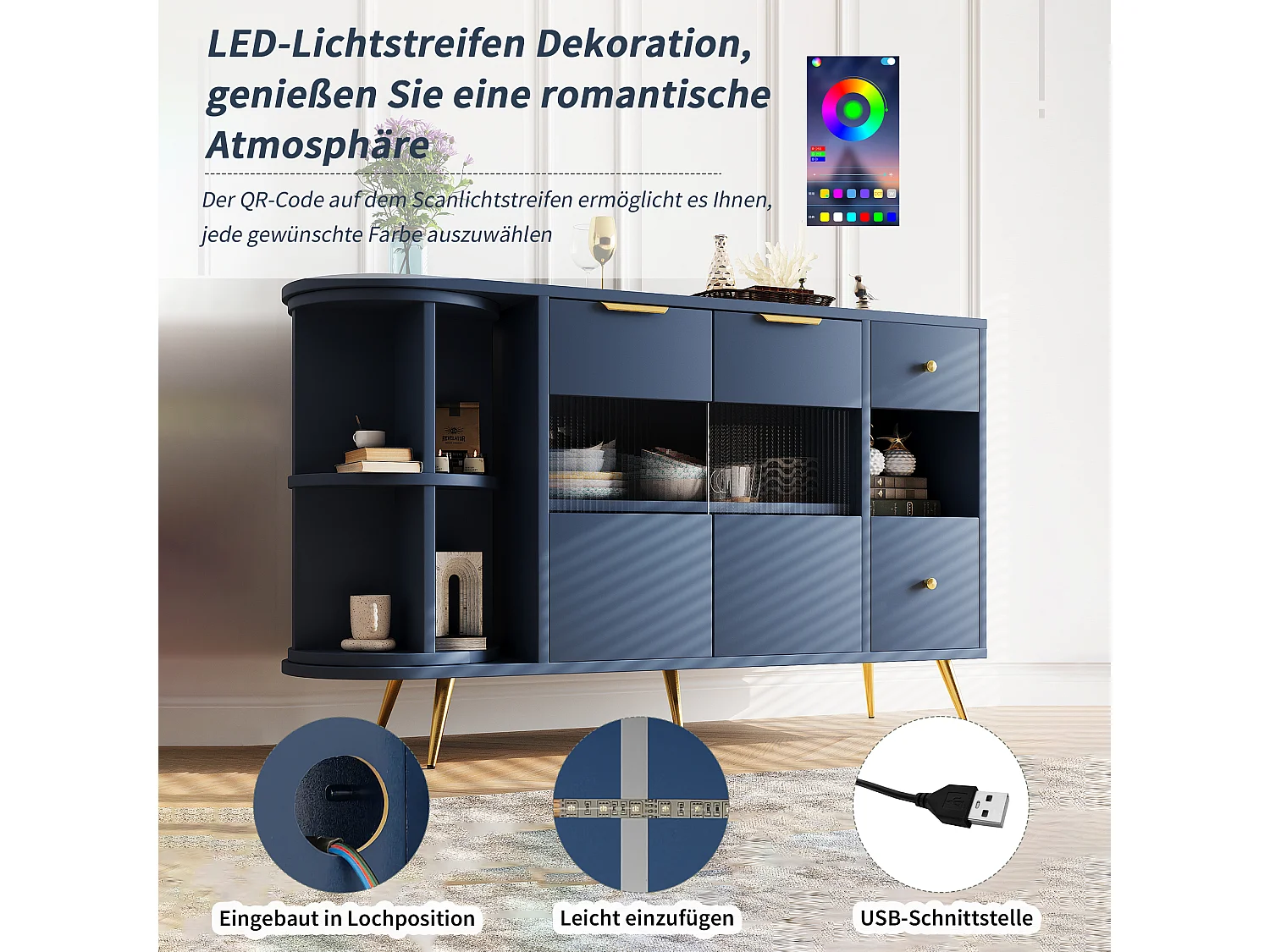 Buffet bas - 130 x 40 x 80 cm - avec 2 portes coulissantes en verre + Leds - MDF - bleu