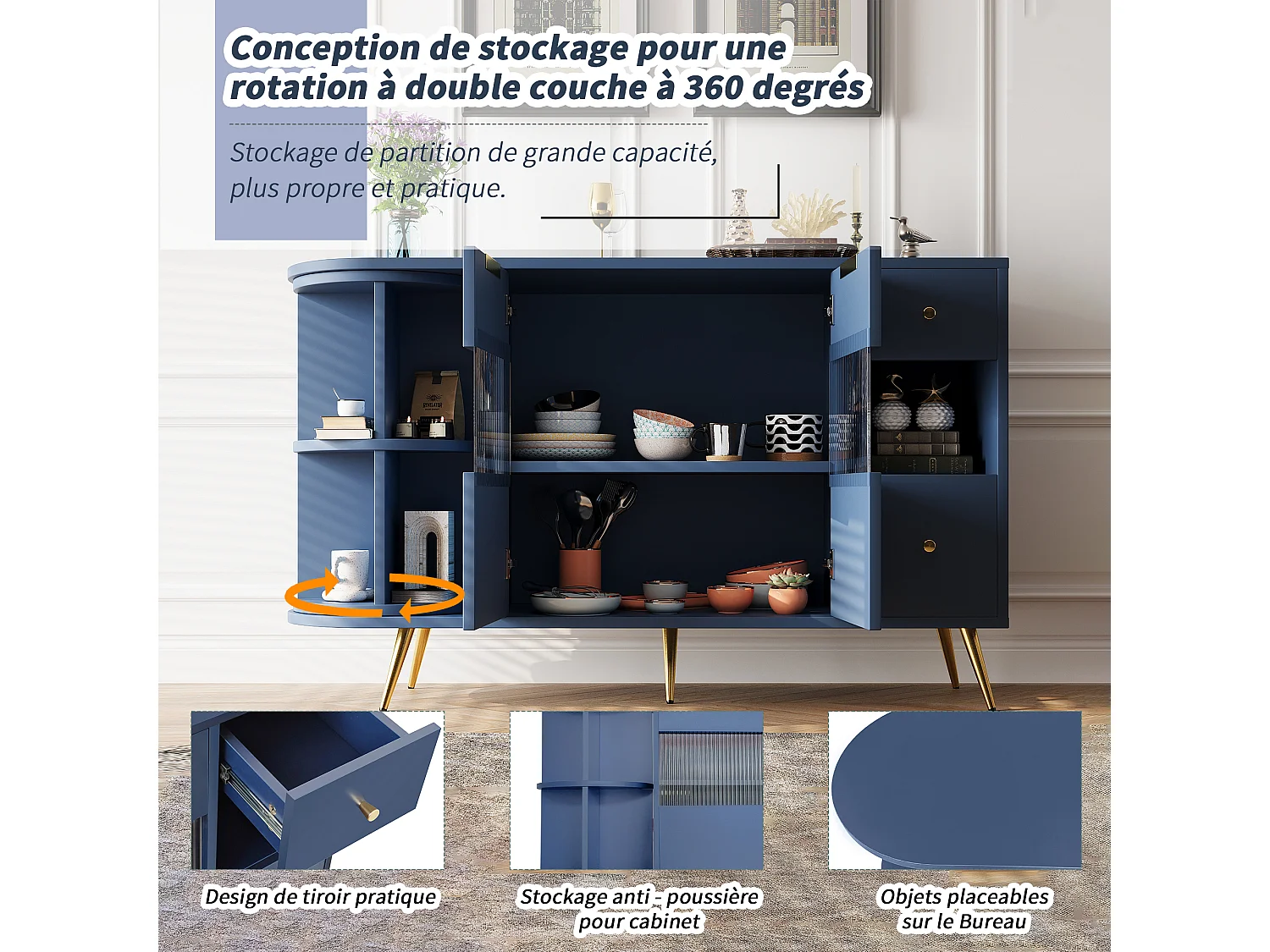 Buffet bas - 130 x 40 x 80 cm - avec 2 portes coulissantes en verre + Leds - MDF - bleu