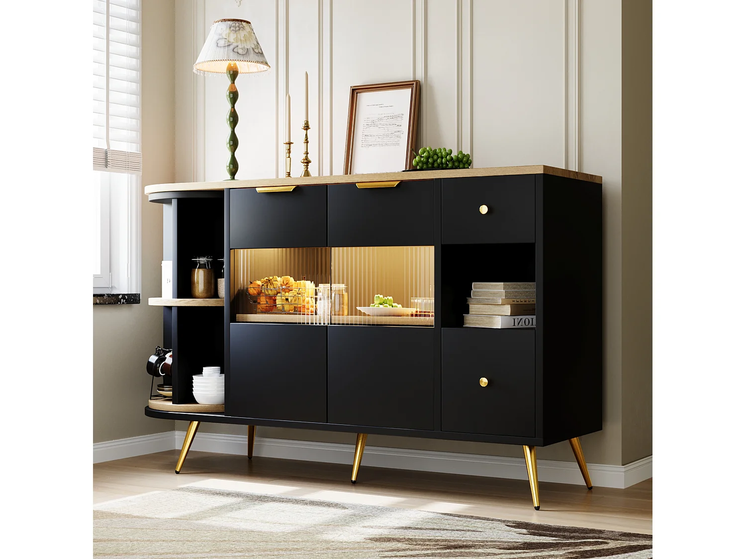 Buffet bas - 130 x 40 x 80 cm - avec 2 portes coulissantes en verre + Leds - MDF - noir