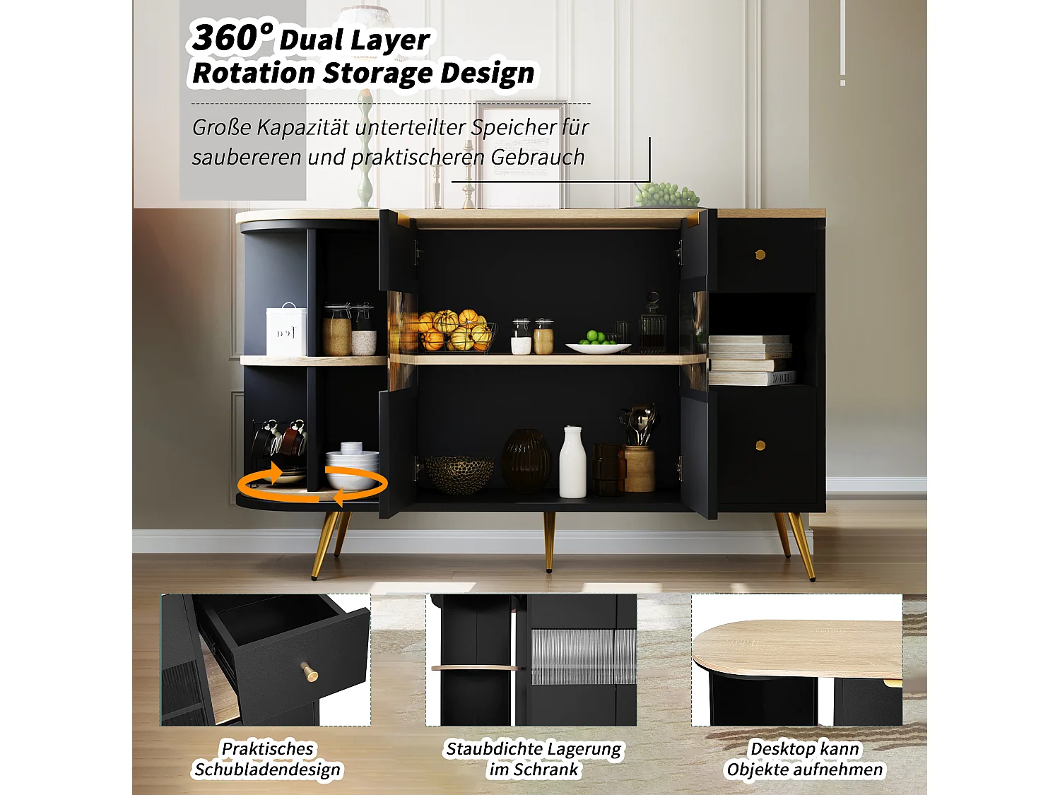 Buffet bas - 130 x 40 x 80 cm - avec 2 portes coulissantes en verre + Leds - MDF - noir