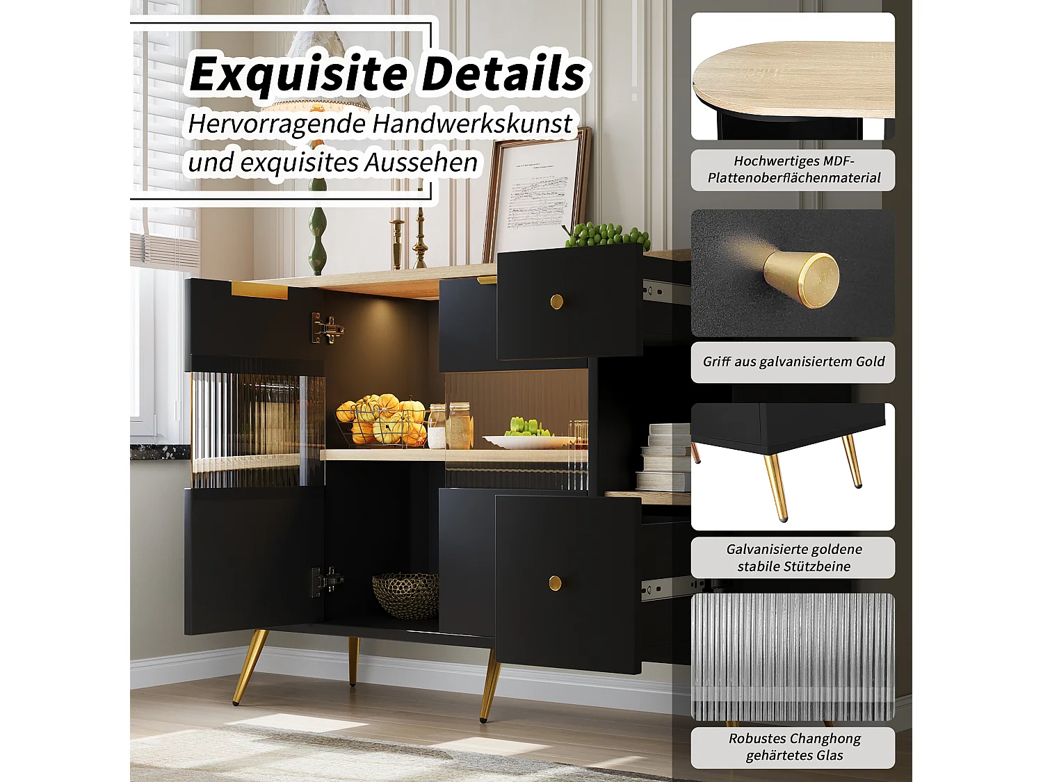 Buffet bas - 130 x 40 x 80 cm - avec 2 portes coulissantes en verre + Leds - MDF - noir