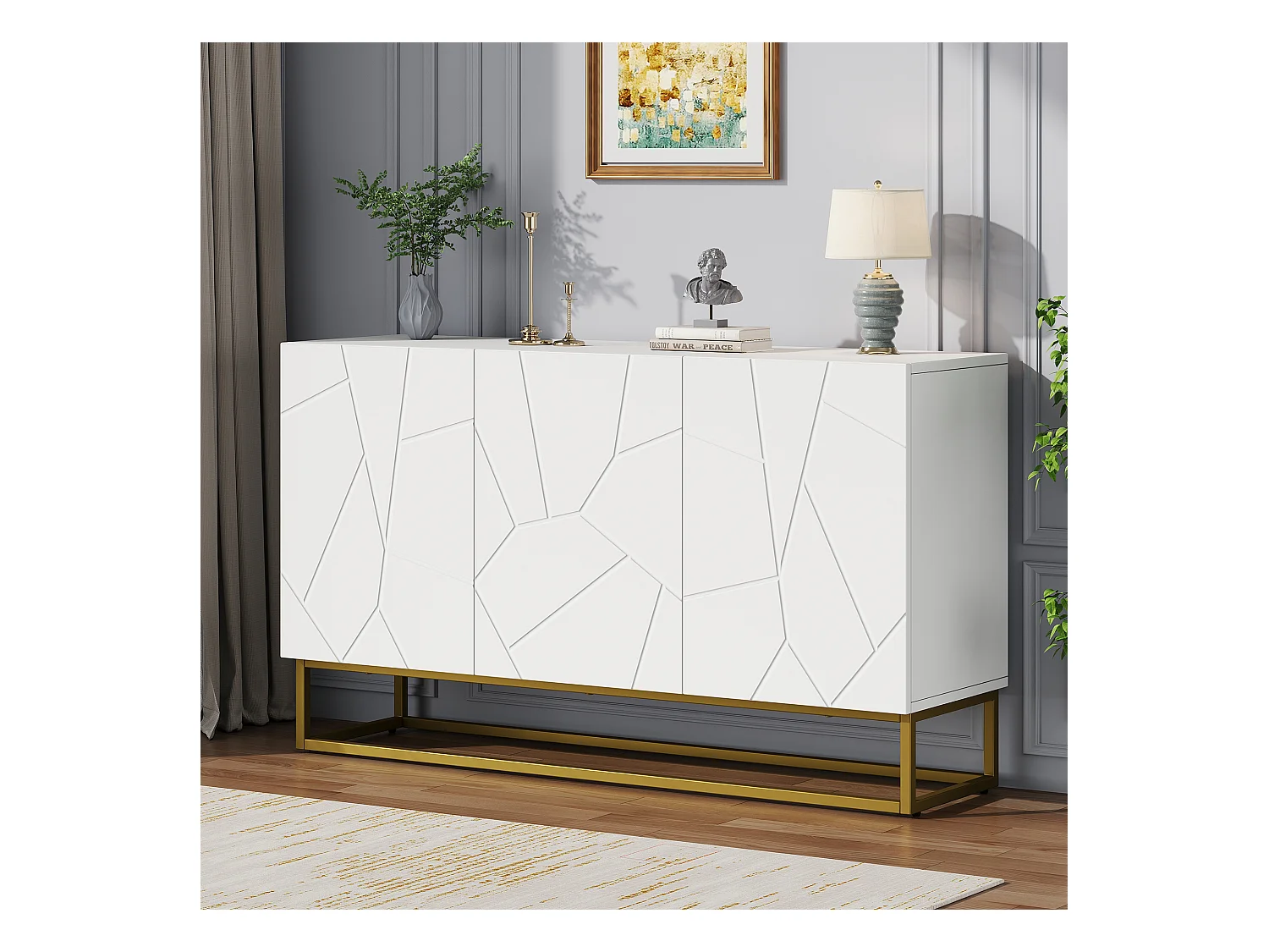 Hochglanz-Sideboard - 130 x 36 x 76 cm - mit 3 Türen - Spanplatte - weiß