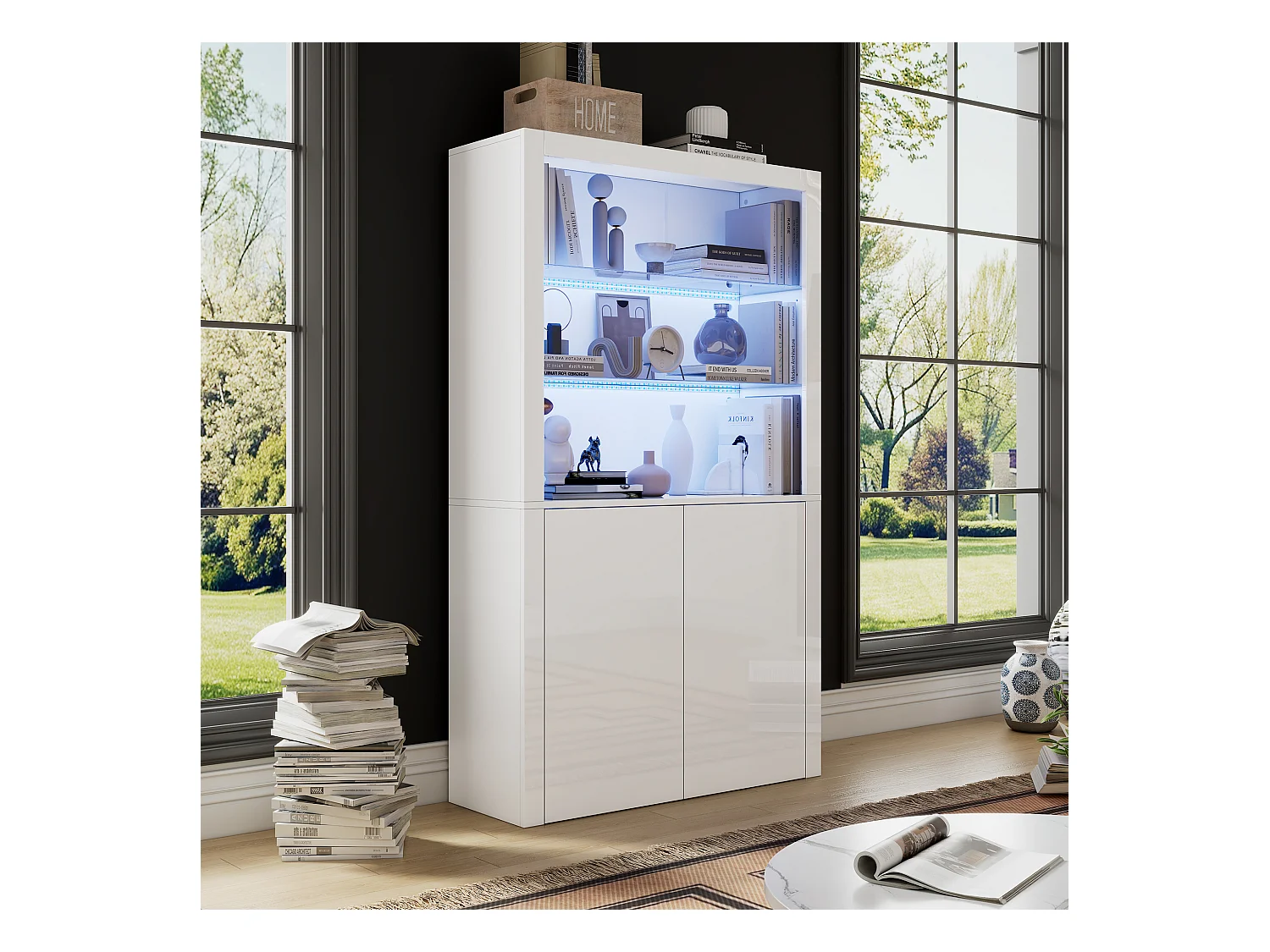 Aparador alto para sala de estar - 100 x 35 x 170 cm - 2 portas + LEDs + tampo de vidro temperado - MDF + vidro temperado - branco