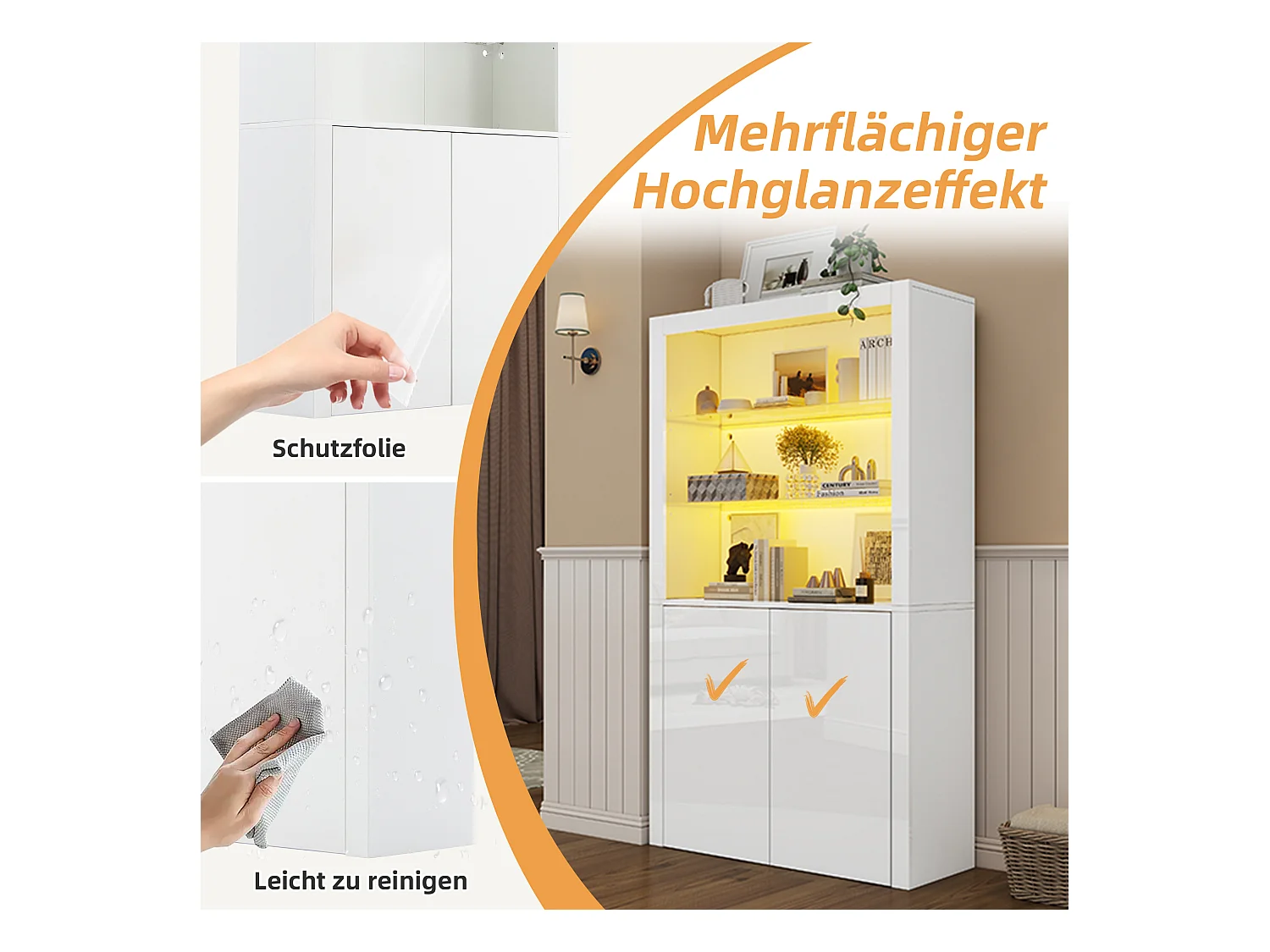 Aparador alto para sala de estar - 100 x 35 x 170 cm - 2 portas + LEDs + tampo de vidro temperado - MDF + vidro temperado - branco