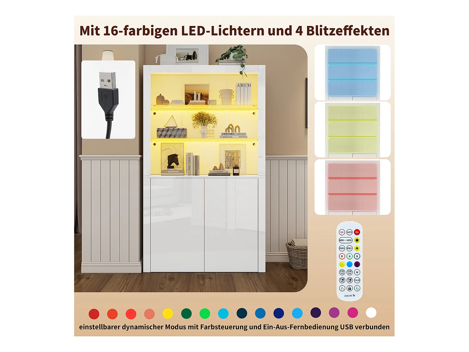 Aparador alto para sala de estar - 100 x 35 x 170 cm - 2 portas + LEDs + tampo de vidro temperado - MDF + vidro temperado - branco