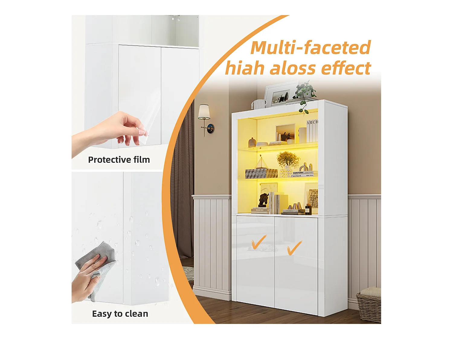 Aparador alto para sala de estar - 100 x 35 x 170 cm - 2 portas + LEDs + tampo de vidro temperado - MDF + vidro temperado - branco