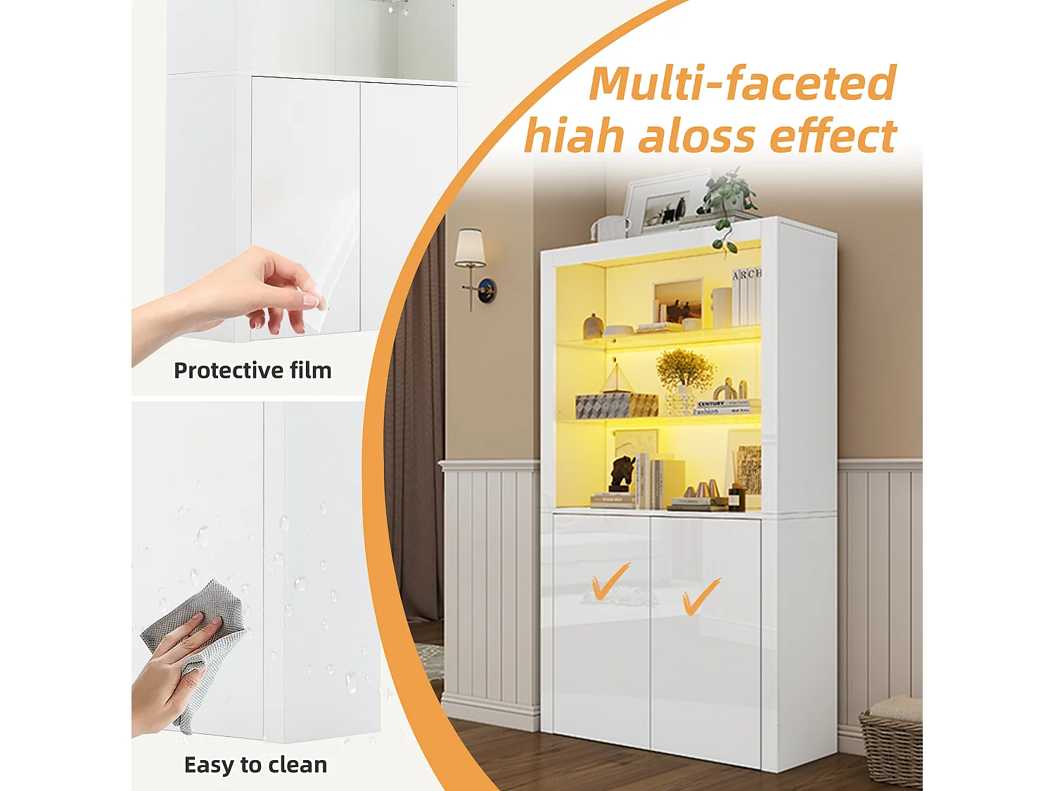 Credenza alta da soggiorno - 100 x 35 x 170 cm - 2 ante + LED + piano in vetro temperato - MDF + vetro temperato - bianco