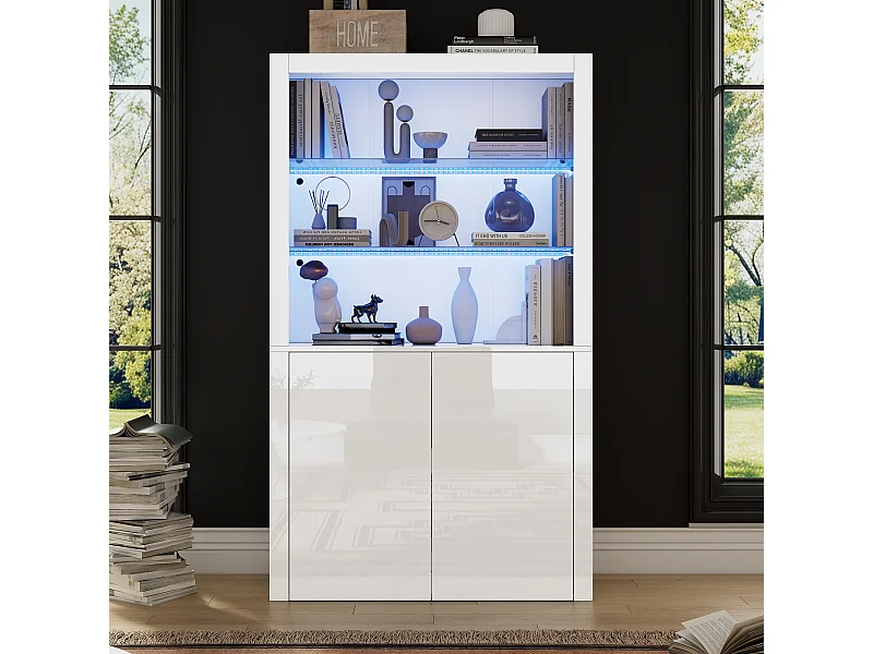 Buffet haut de salon - 100 x 35 x 170 cm - 2 portes + Leds + plateau en verre trempé - MDF + verre trempé - blanc