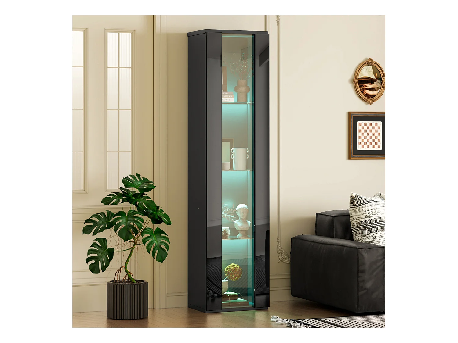 Vitrine multifonctionnelle - 40 x 29 x 170 cm -  avec porte en verre + Leds - PB + Verre - noir