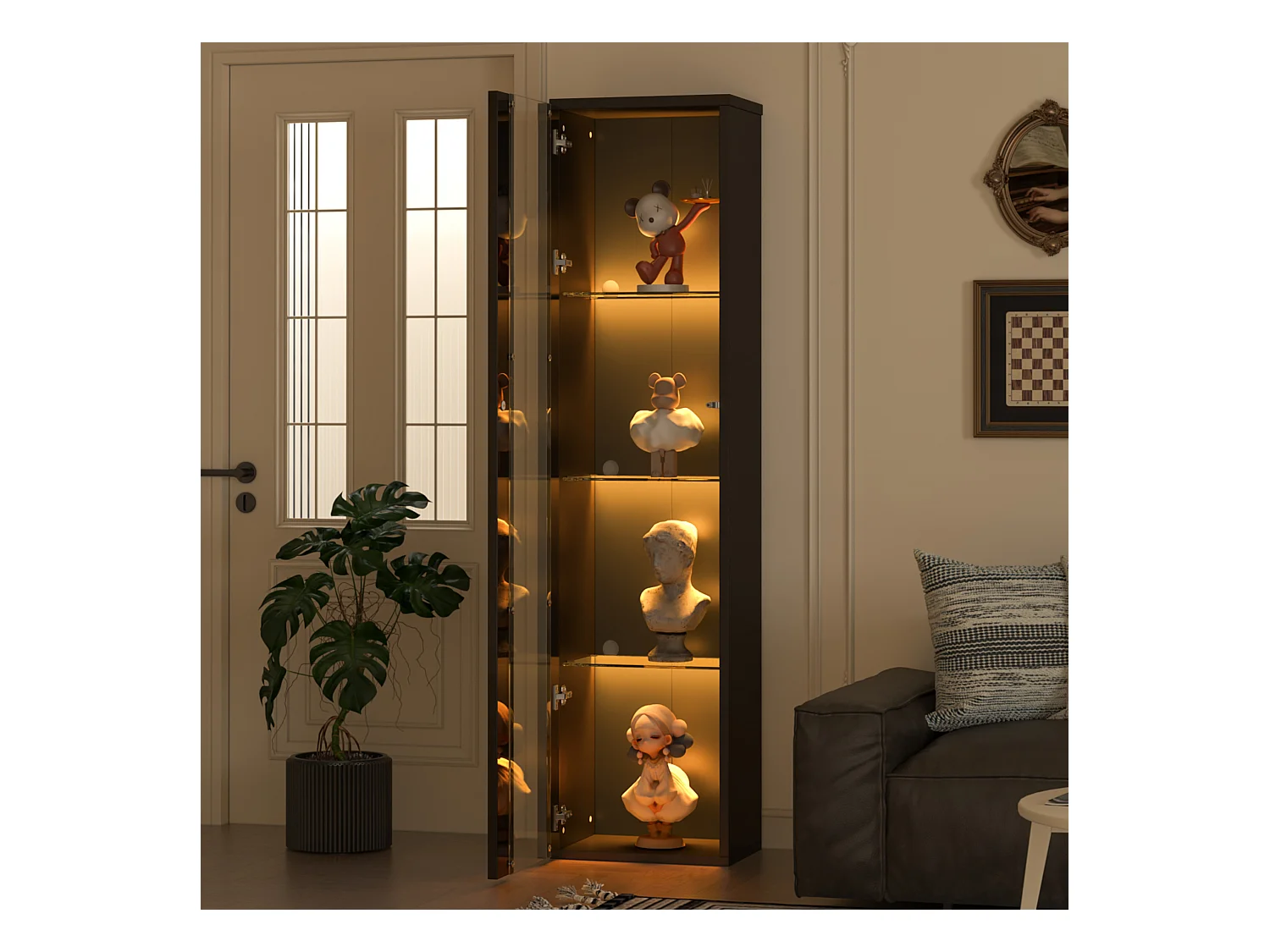 Vitrine multifonctionnelle - 40 x 29 x 170 cm -  avec porte en verre + Leds - PB + Verre - noir
