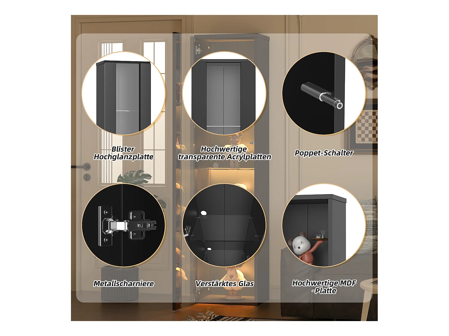 Vitrine multifonctionnelle - 40 x 29 x 170 cm -  avec porte en verre + Leds - PB + Verre - noir