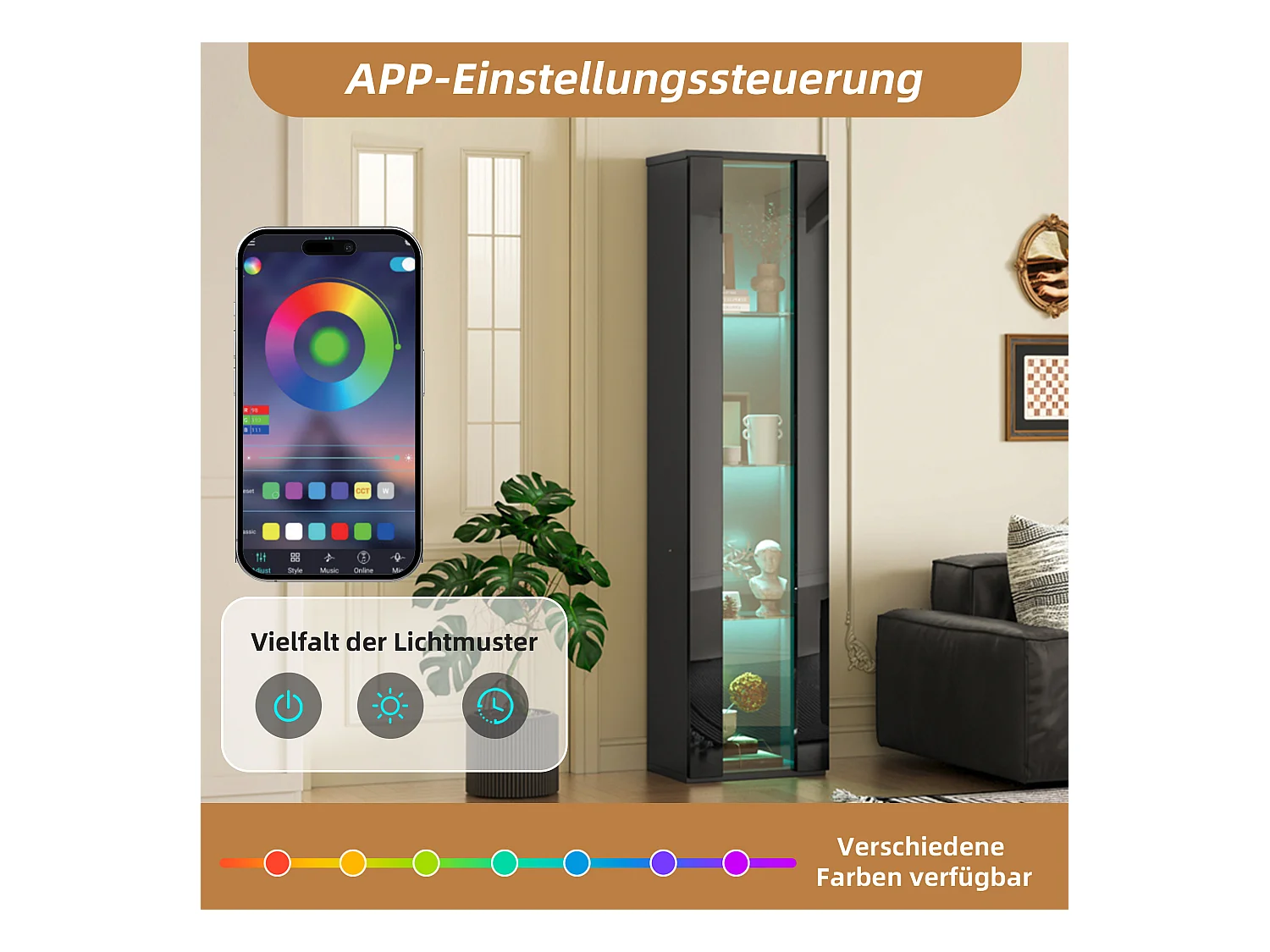 Vitrine multifonctionnelle - 40 x 29 x 170 cm -  avec porte en verre + Leds - PB + Verre - noir