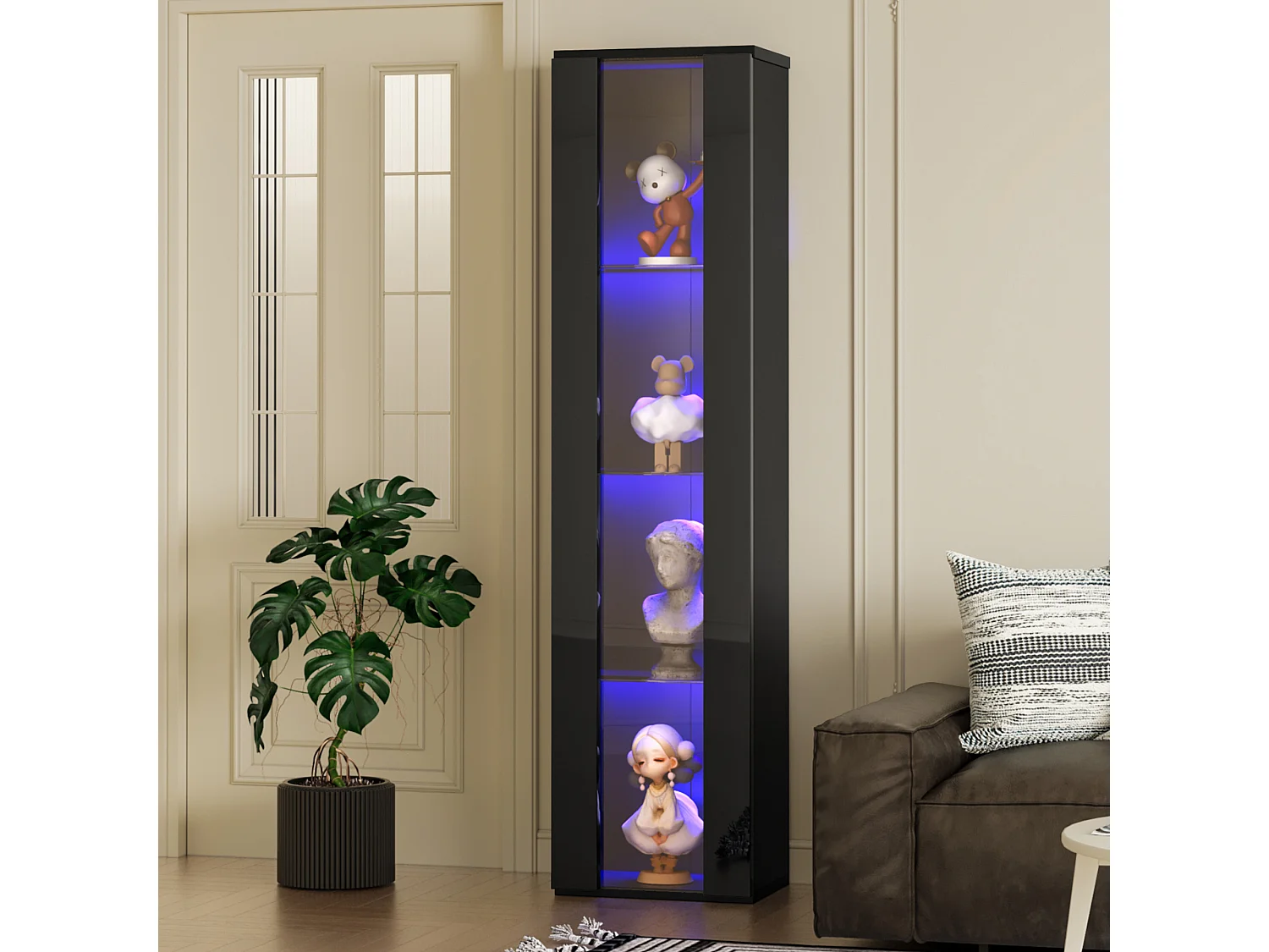Vitrine multifonctionnelle - 40 x 29 x 170 cm -  avec porte en verre + Leds - PB + Verre - noir