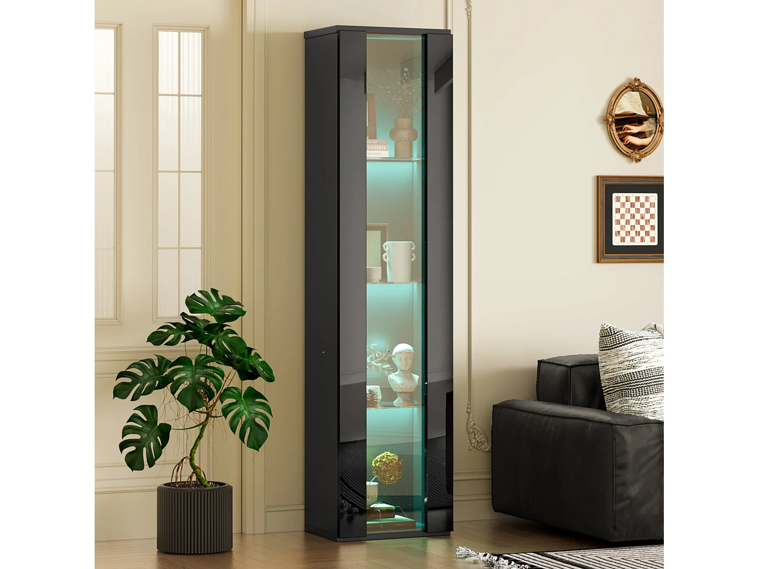 Vitrine multifonctionnelle - 40 x 29 x 170 cm -  avec porte en verre + Leds - PB + Verre - noir