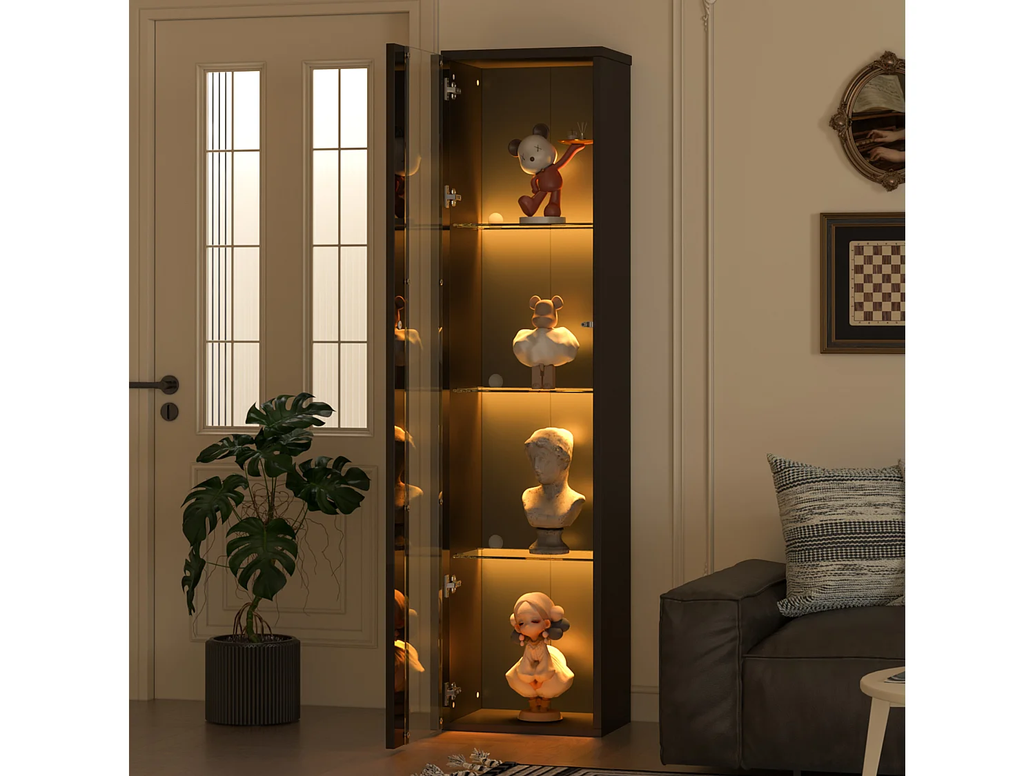 Vitrine multifonctionnelle - 40 x 29 x 170 cm -  avec porte en verre + Leds - PB + Verre - noir