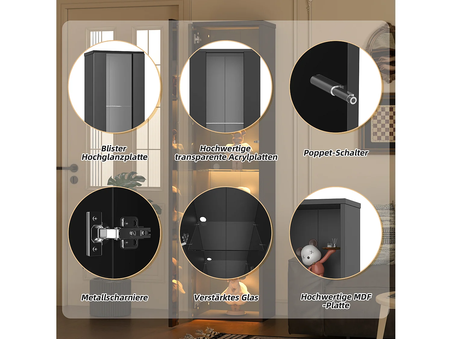 Vitrine multifonctionnelle - 40 x 29 x 170 cm -  avec porte en verre + Leds - PB + Verre - noir