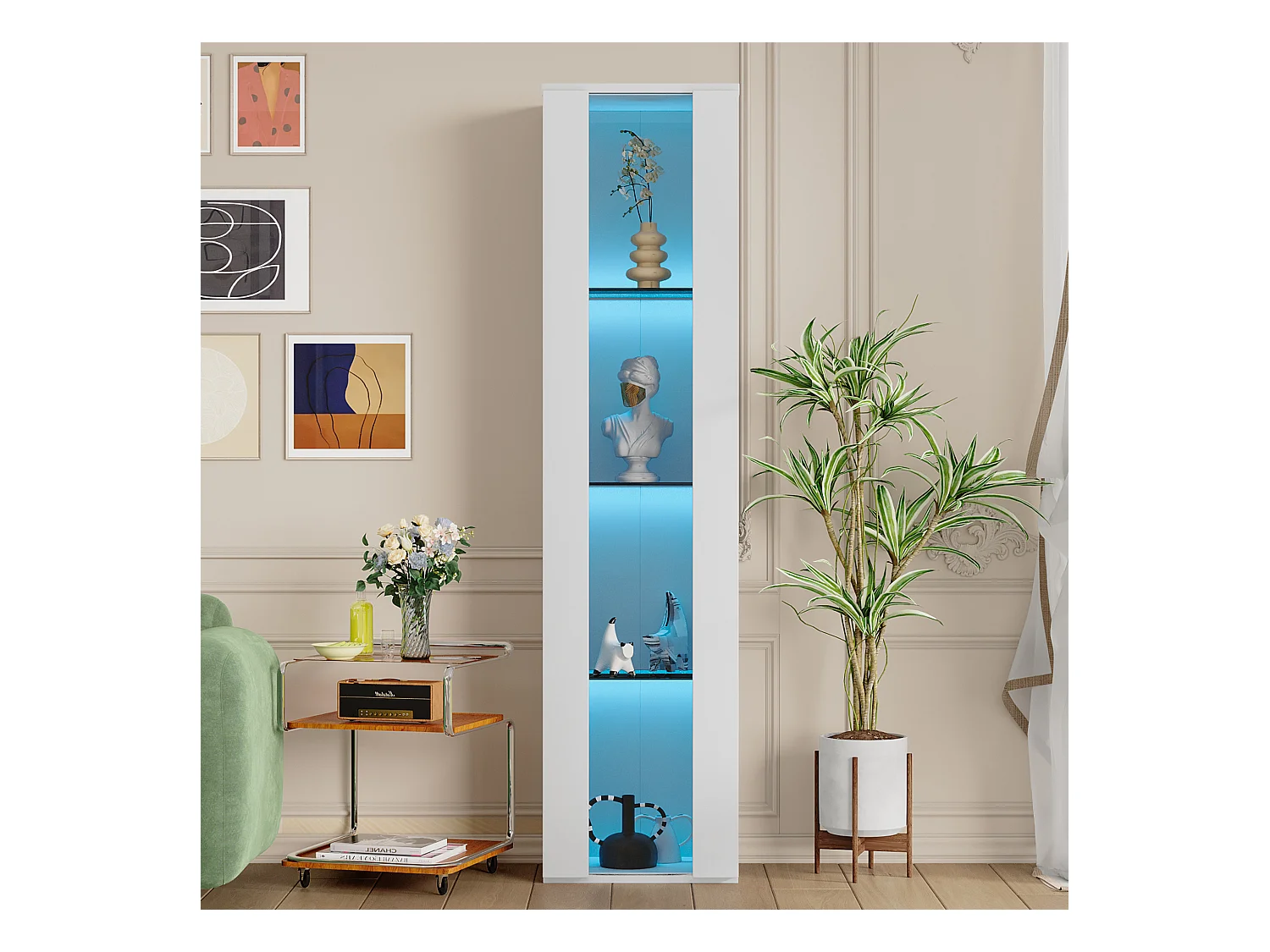 Vitrine multifonctionnelle - 40 x 29 x 170 cm -  avec porte en verre + Leds - PB + Verre - blanc