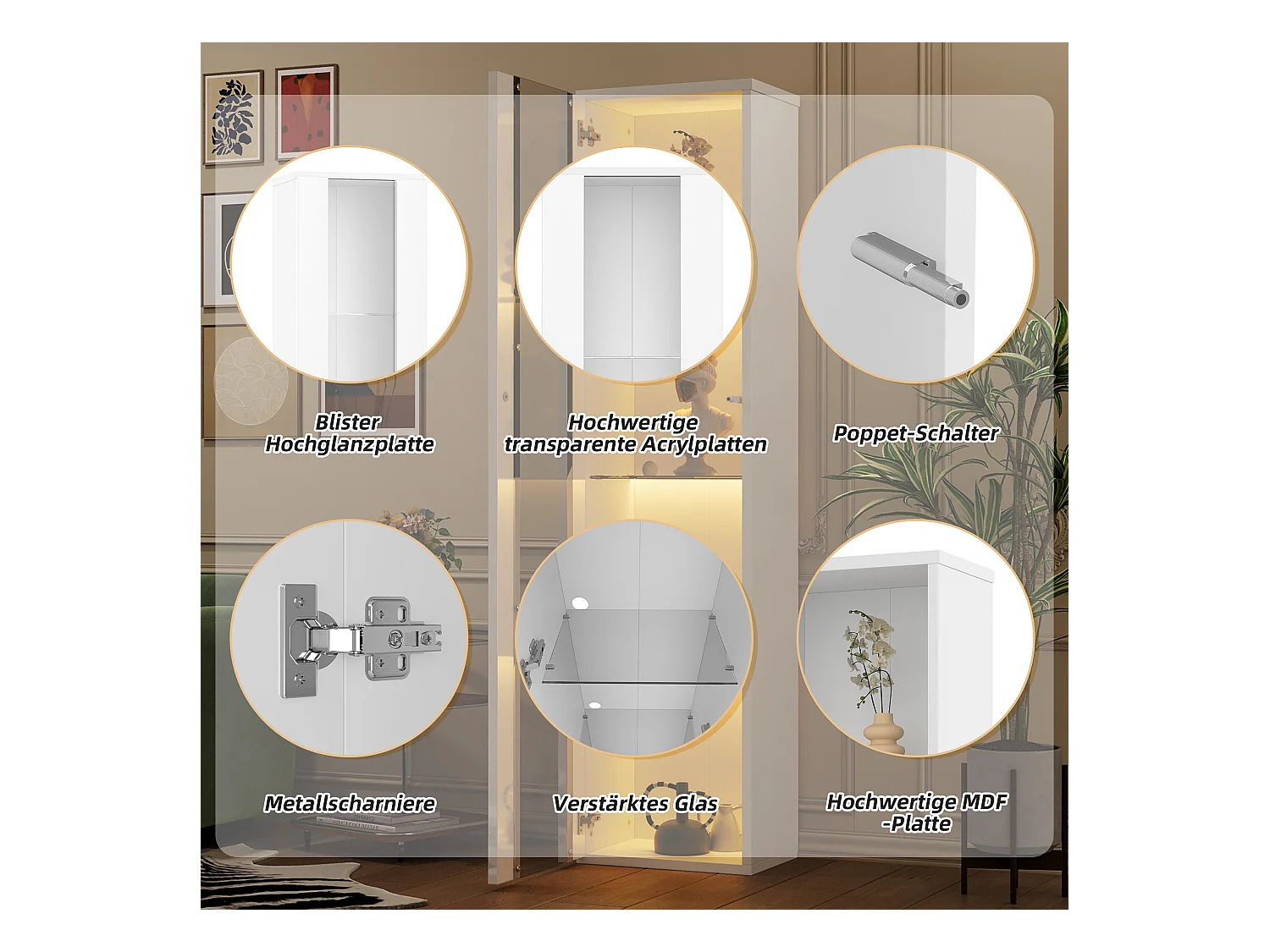 Vitrine multifonctionnelle - 40 x 29 x 170 cm -  avec porte en verre + Leds - PB + Verre - blanc