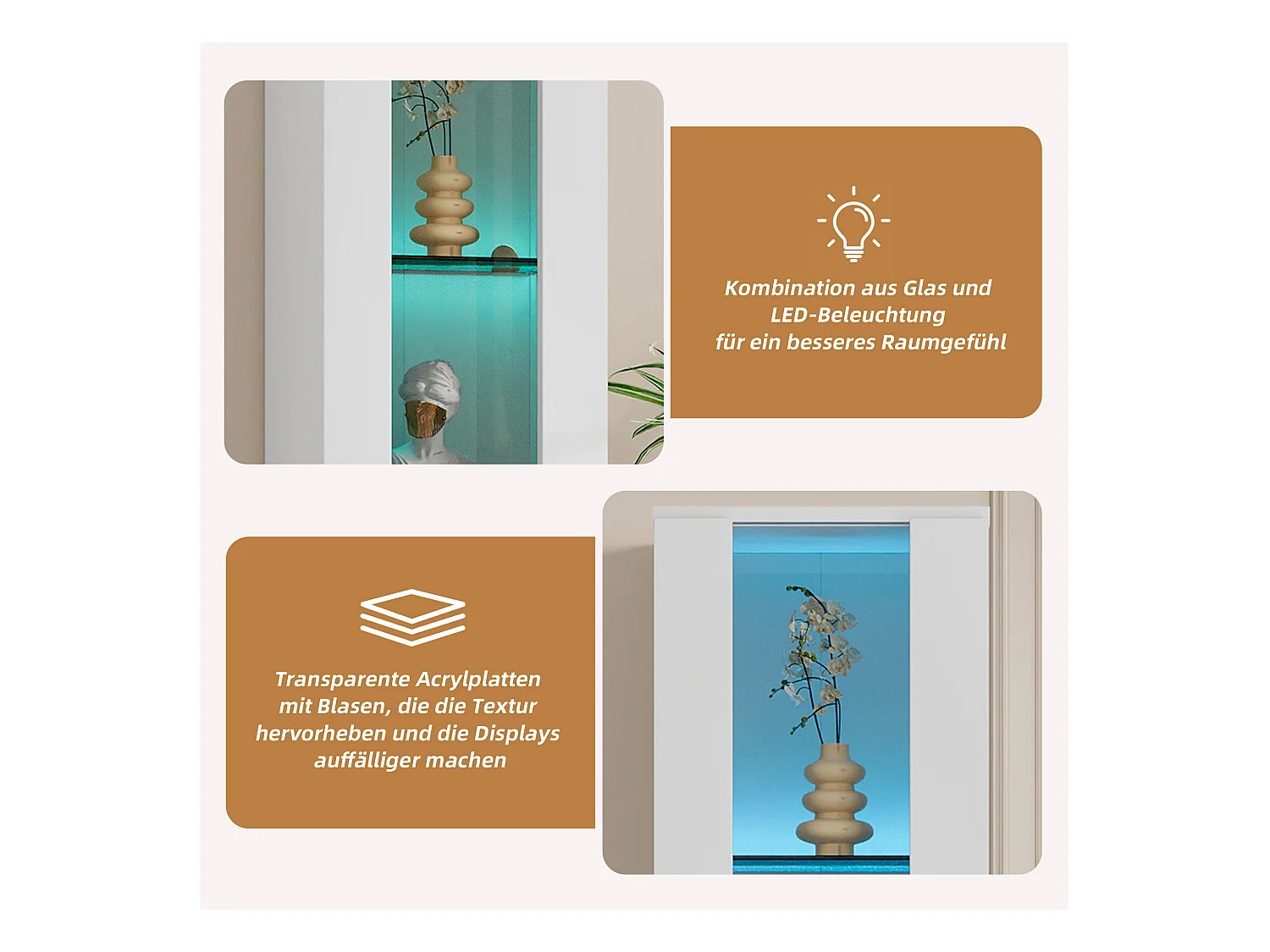 Vitrine multifonctionnelle - 40 x 29 x 170 cm -  avec porte en verre + Leds - PB + Verre - blanc