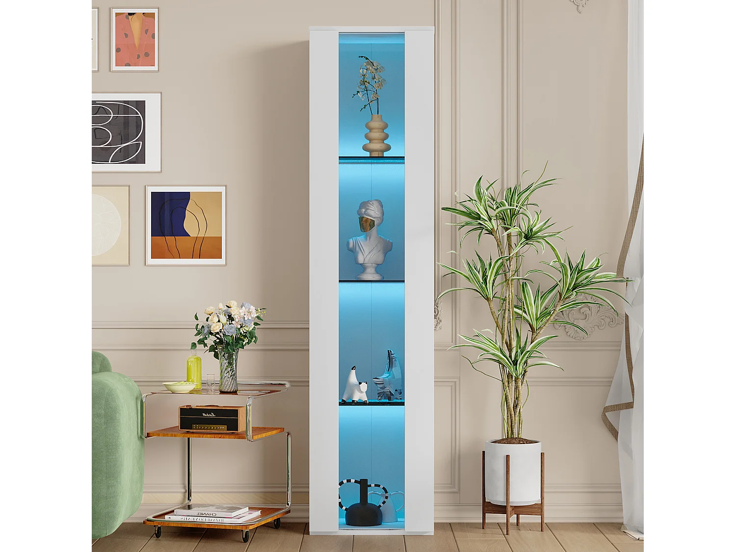 Vitrina multifunción - 40 x 29 x 170 cm - con puerta de cristal + LEDs - PB + Cristal - blanco