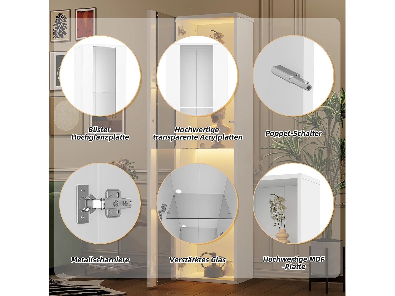 Vitrina multifunción - 40 x 29 x 170 cm - con puerta de cristal + LEDs - PB + Cristal - blanco