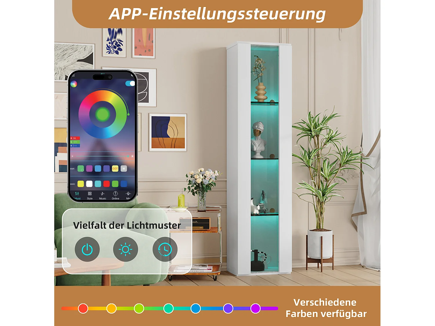 Vitrina multifunción - 40 x 29 x 170 cm - con puerta de cristal + LEDs - PB + Cristal - blanco