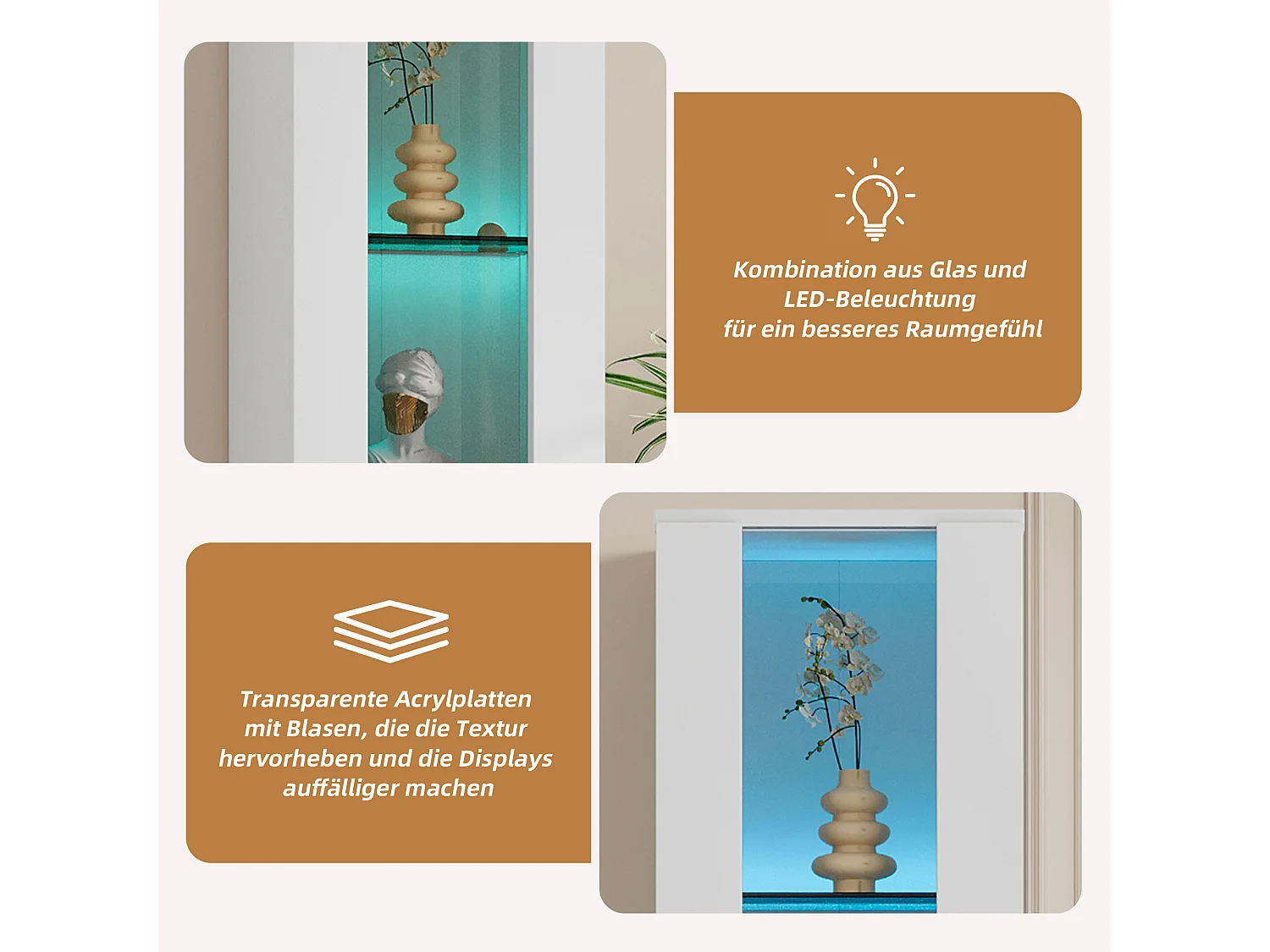 Vitrina multifunción - 40 x 29 x 170 cm - con puerta de cristal + LEDs - PB + Cristal - blanco