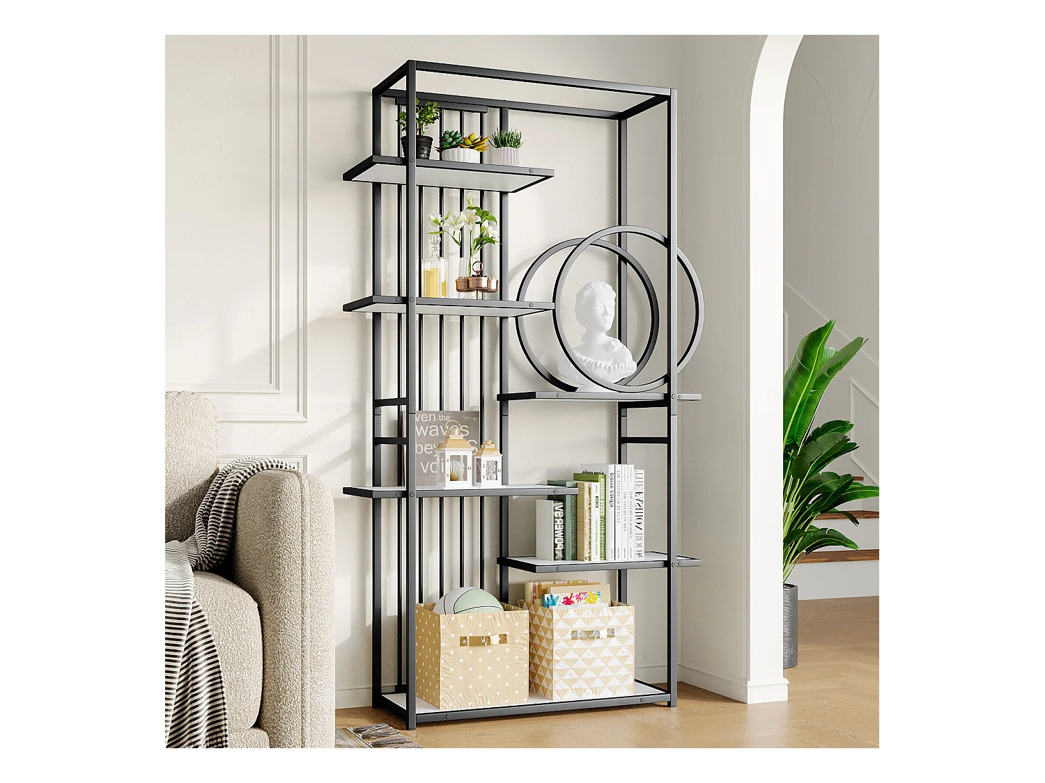 Étagère en métal - 100 x 30 x 180 cm - tube en acier massif - structure géométrique - MDF + Métal - blanc + noir