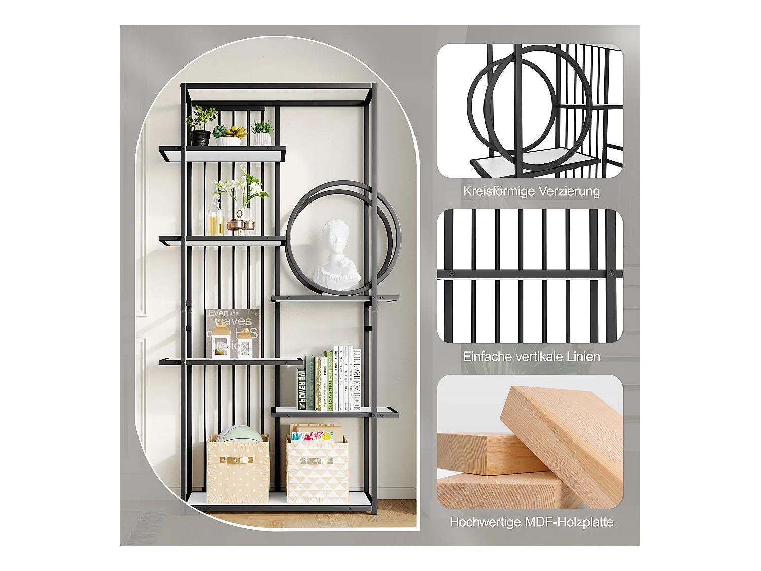 Étagère en métal - 100 x 30 x 180 cm - tube en acier massif - structure géométrique - MDF + Métal - blanc + noir