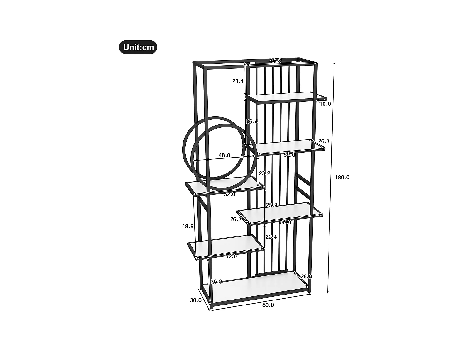 Étagère en métal - 100 x 30 x 180 cm - tube en acier massif - structure géométrique - MDF + Métal - blanc + noir