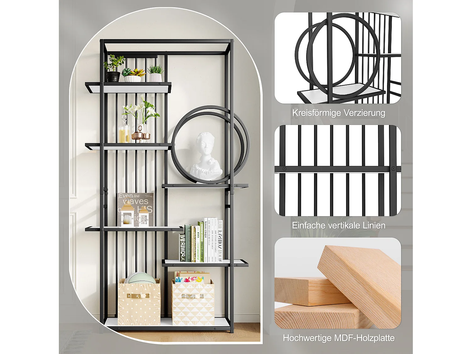 Metallregal - 100 x 30 x 180 cm - massives Stahlrohr - geometrische Struktur - MDF + Metall - weiß + schwarz