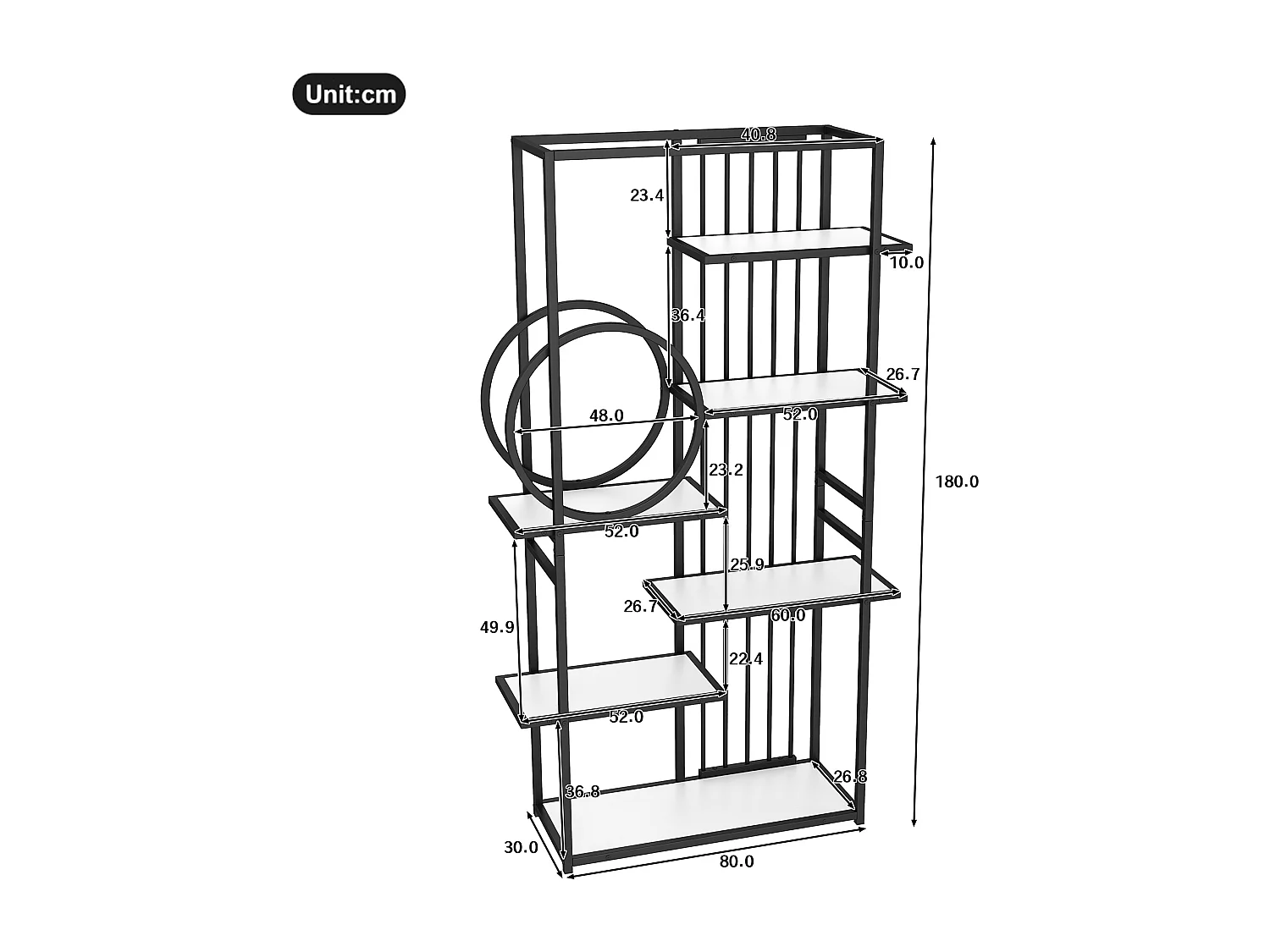 Metallregal - 100 x 30 x 180 cm - massives Stahlrohr - geometrische Struktur - MDF + Metall - weiß + schwarz