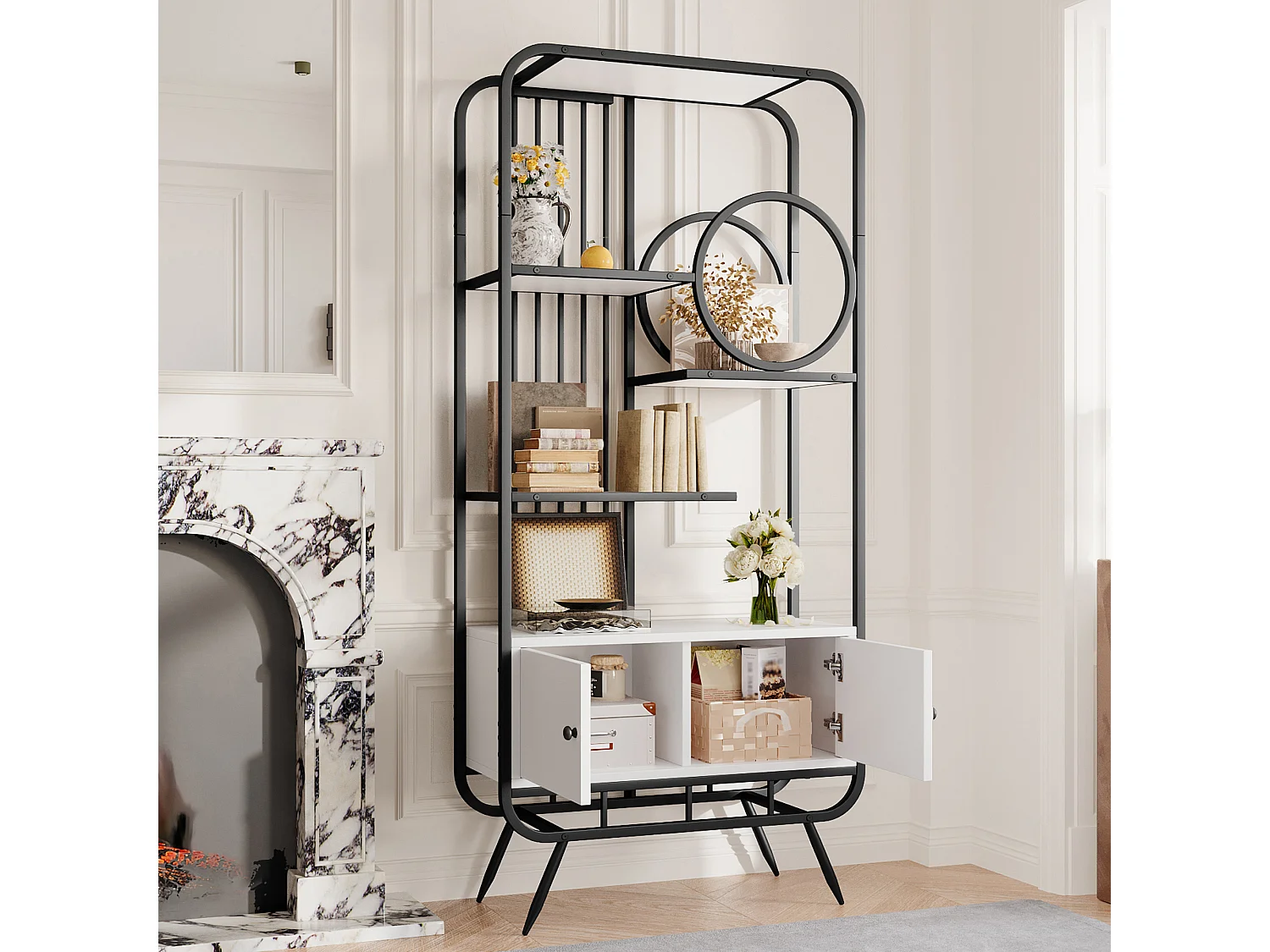 Metallregal - 80 x 30 x 180 cm - mit 2 Stauräumen + 2 Türen + 3 Metallböden - MDF + Metall - weiß + schwarz