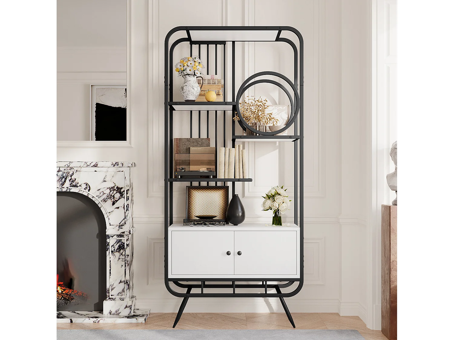 Metallregal - 80 x 30 x 180 cm - mit 2 Stauräumen + 2 Türen + 3 Metallböden - MDF + Metall - weiß + schwarz