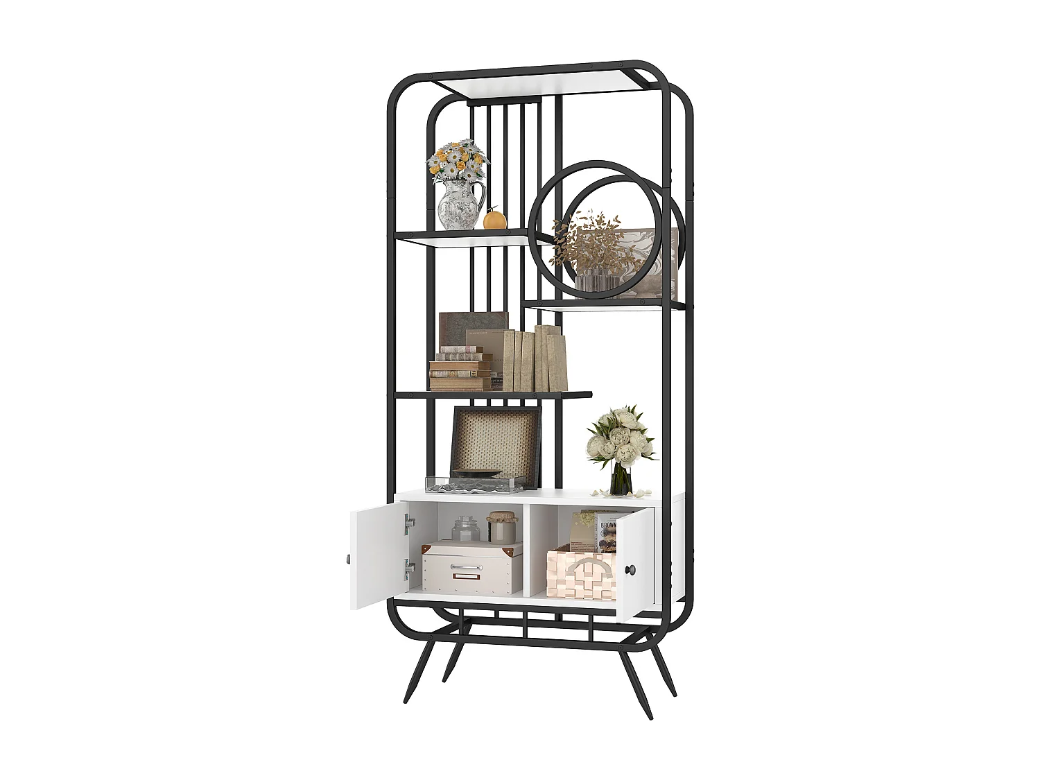 Metallregal - 80 x 30 x 180 cm - mit 2 Stauräumen + 2 Türen + 3 Metallböden - MDF + Metall - weiß + schwarz